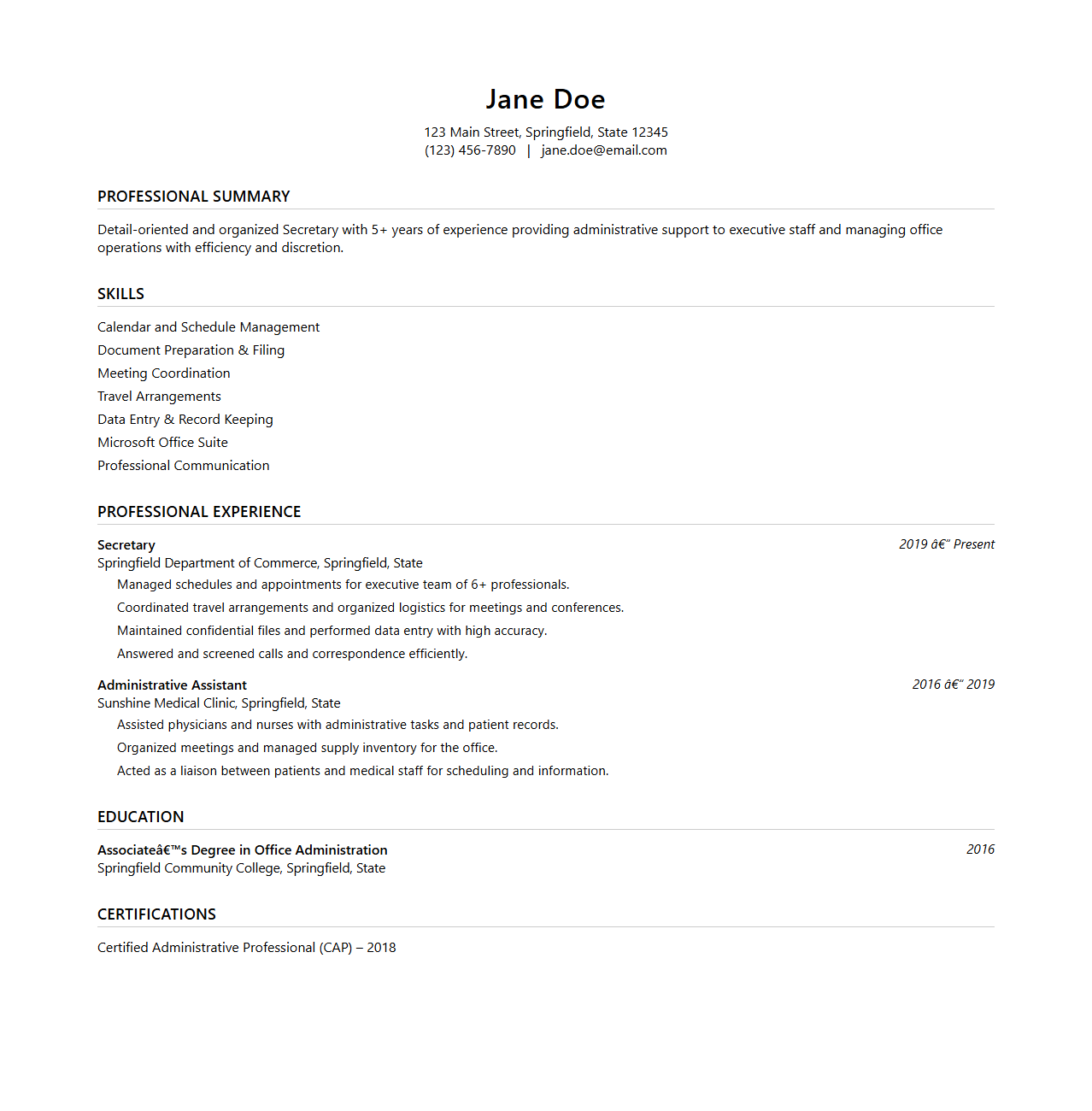 Classic Secretary Resume Template