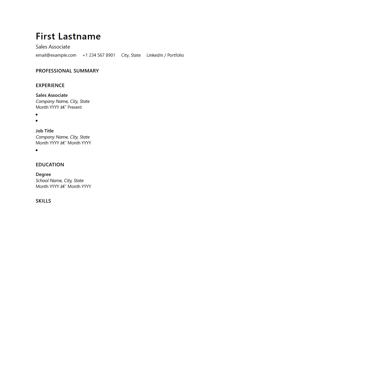 Clean Blank Sales Associate Resume Layout