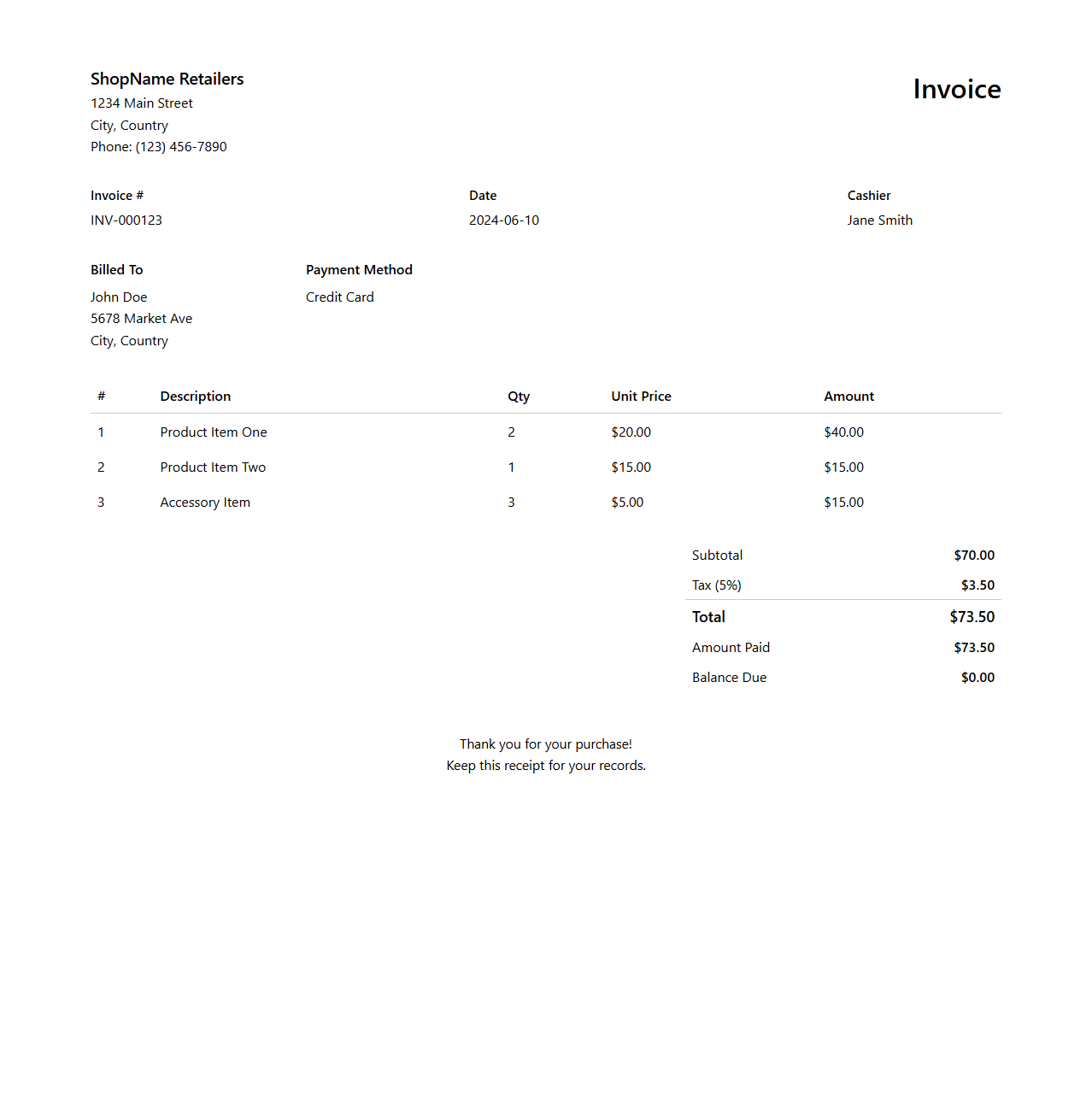 Clean Retail Invoice Receipt Example