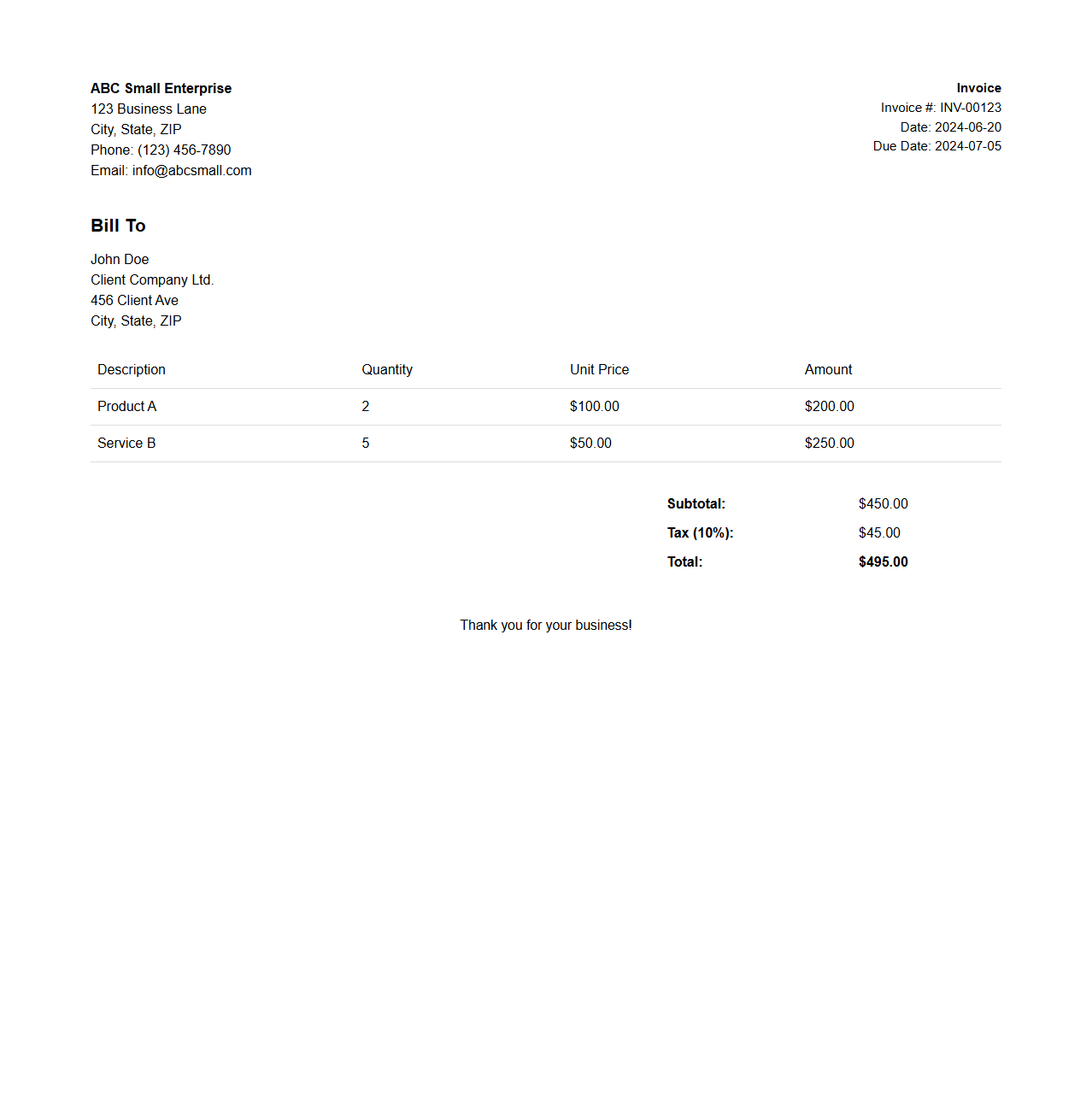 Clean Sales Invoice Sample for Small Enterprises