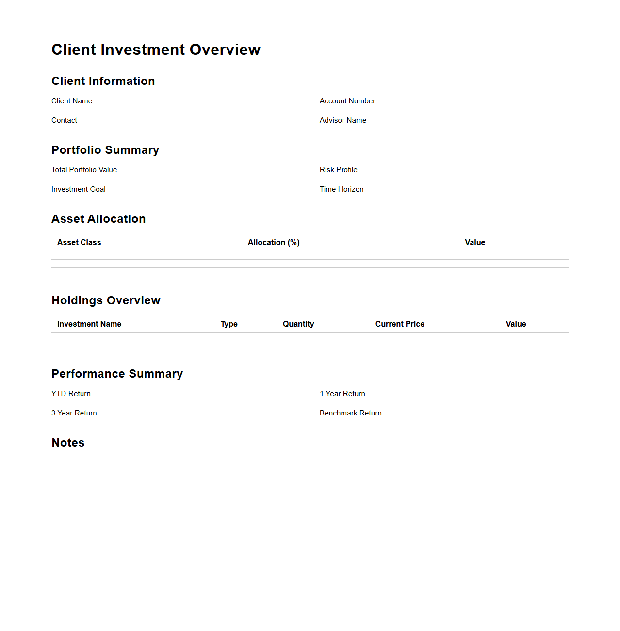 Client Investment Overview Template