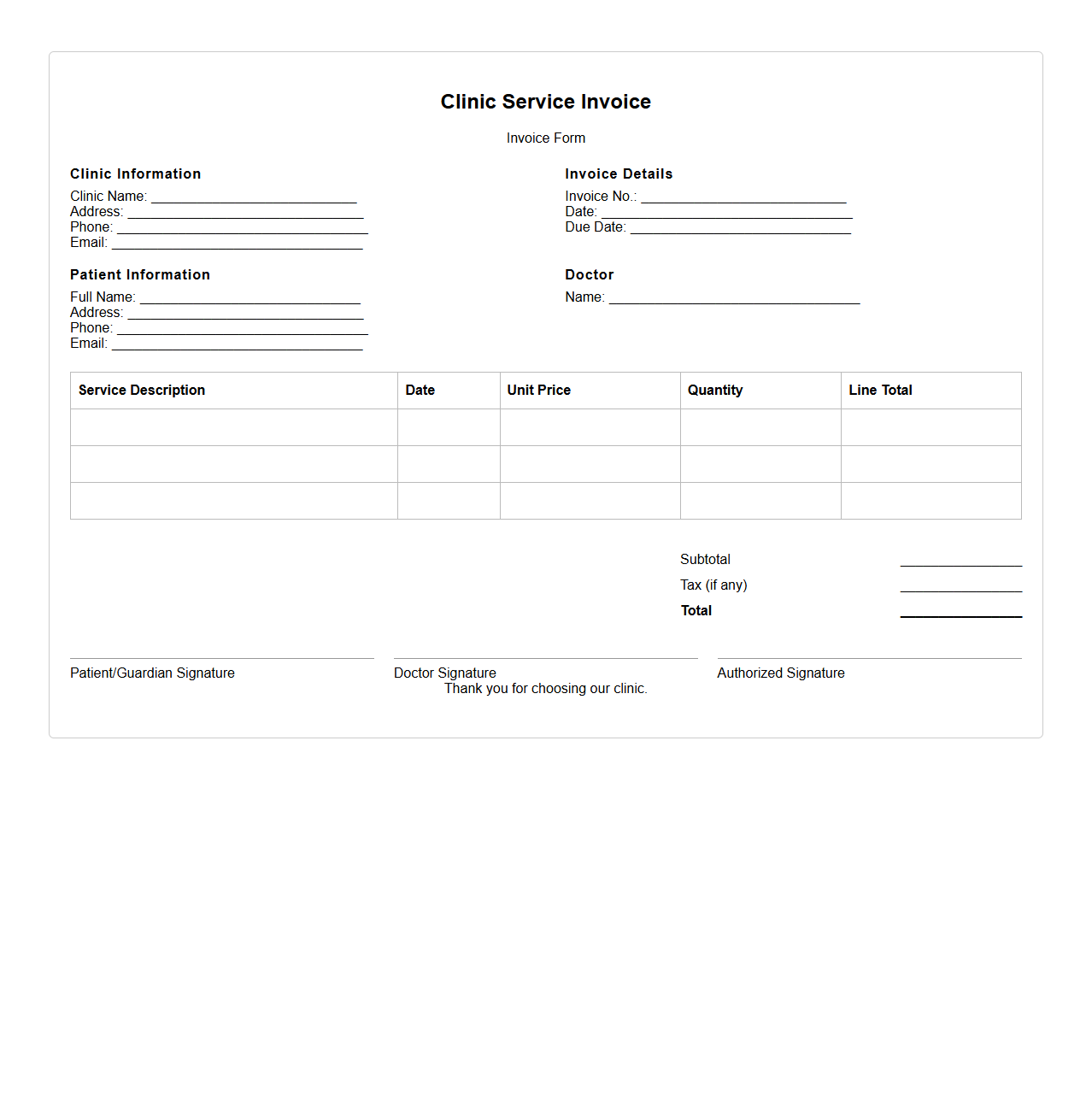 Clinic Service Blank Invoice Form