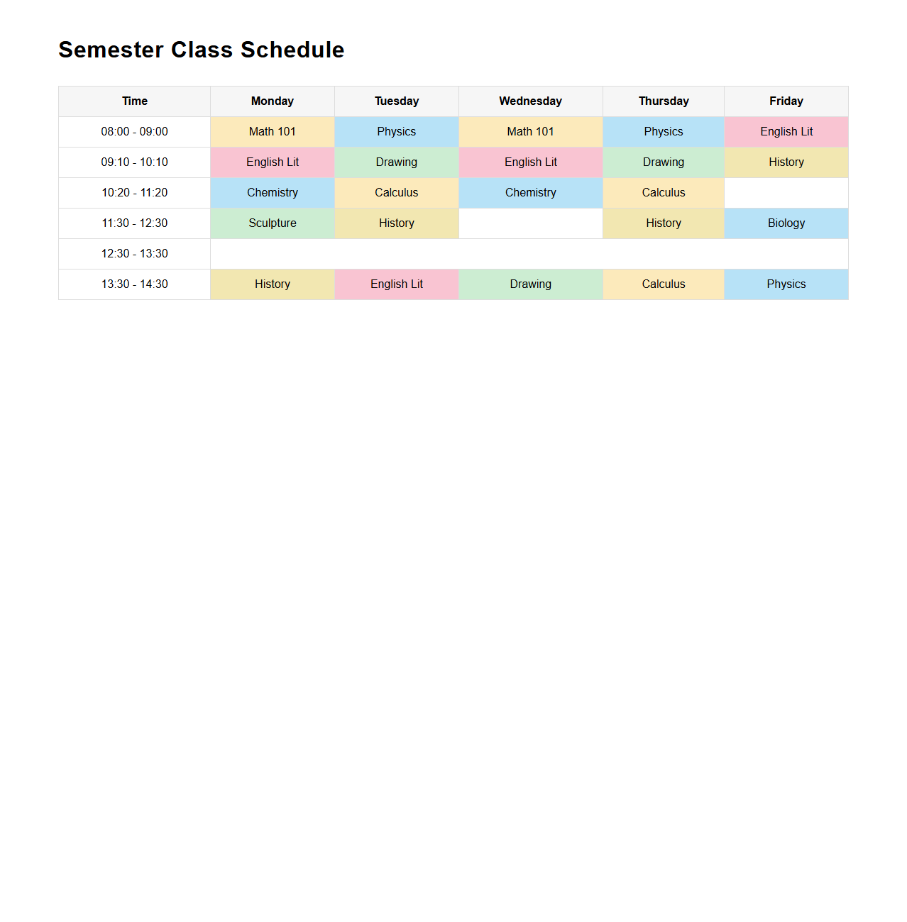 Color-Coded Semester Class Schedule