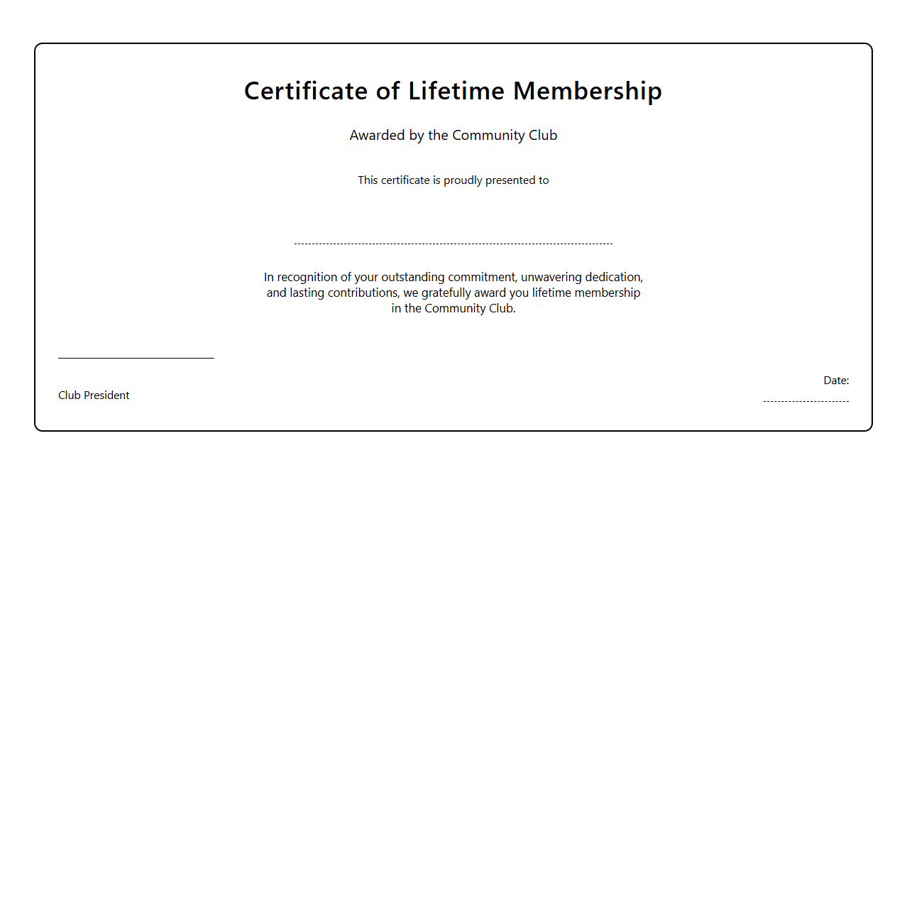 Community Club Lifetime Membership Certificate