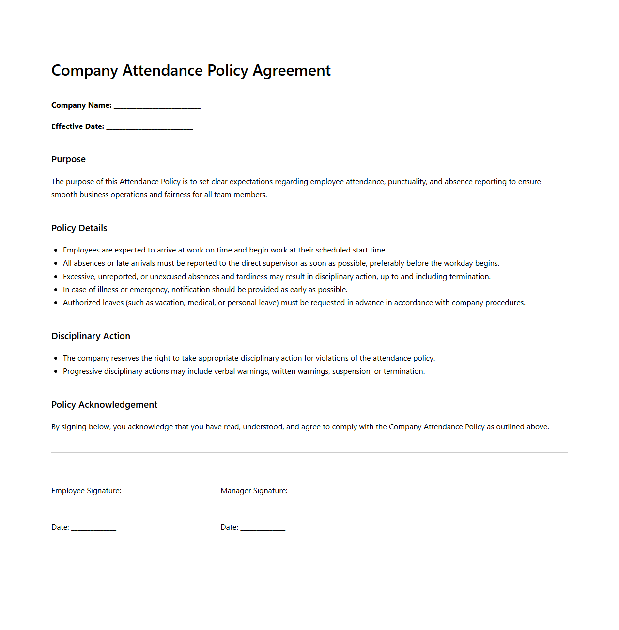 Company Attendance Policy Agreement Template