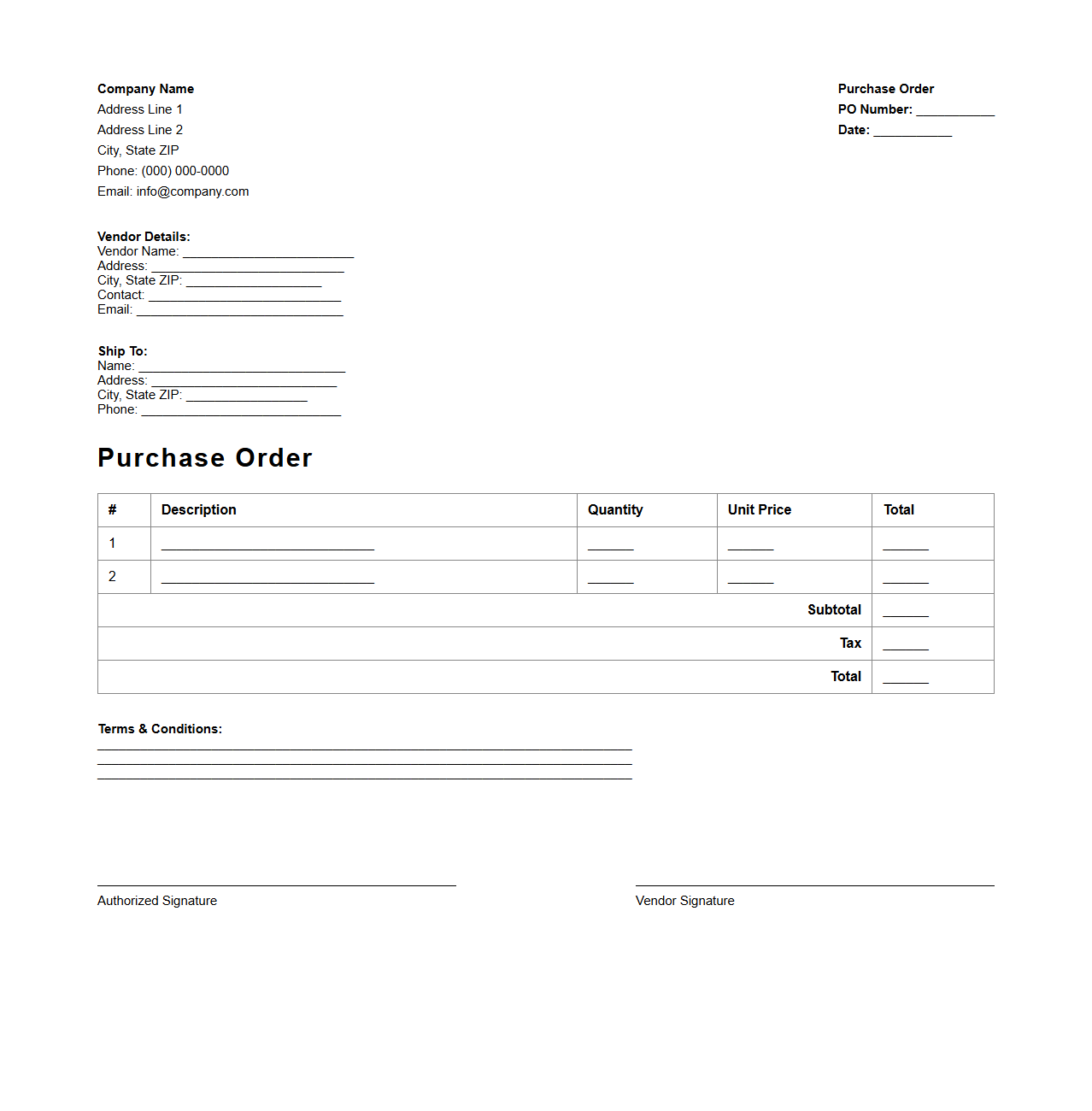 Company Purchase Order Sample for Procurement