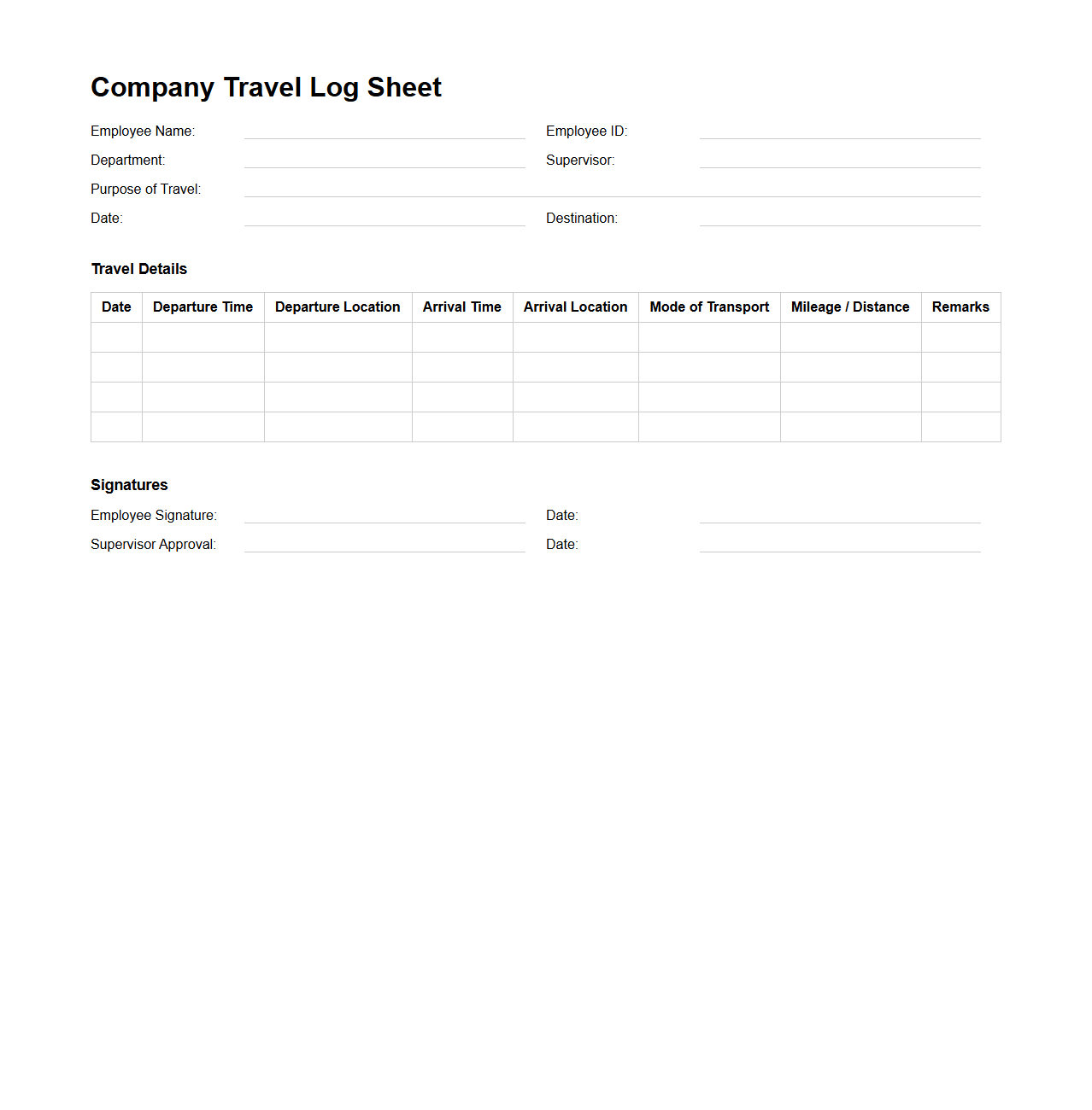 Company Travel Log Sheet