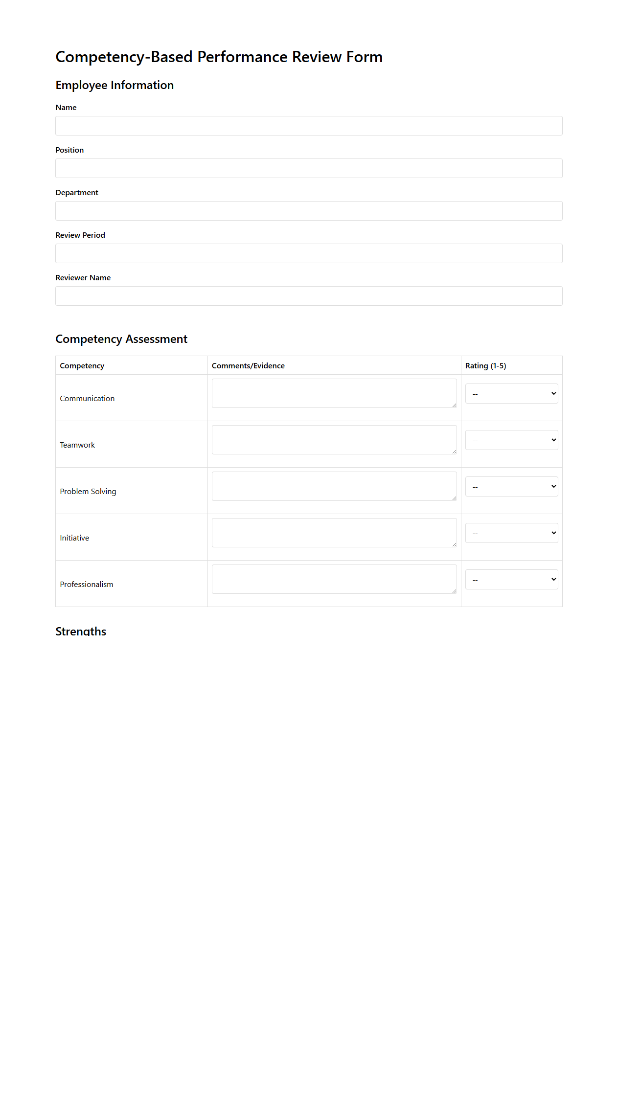 Competency-Based Performance Review Form Template