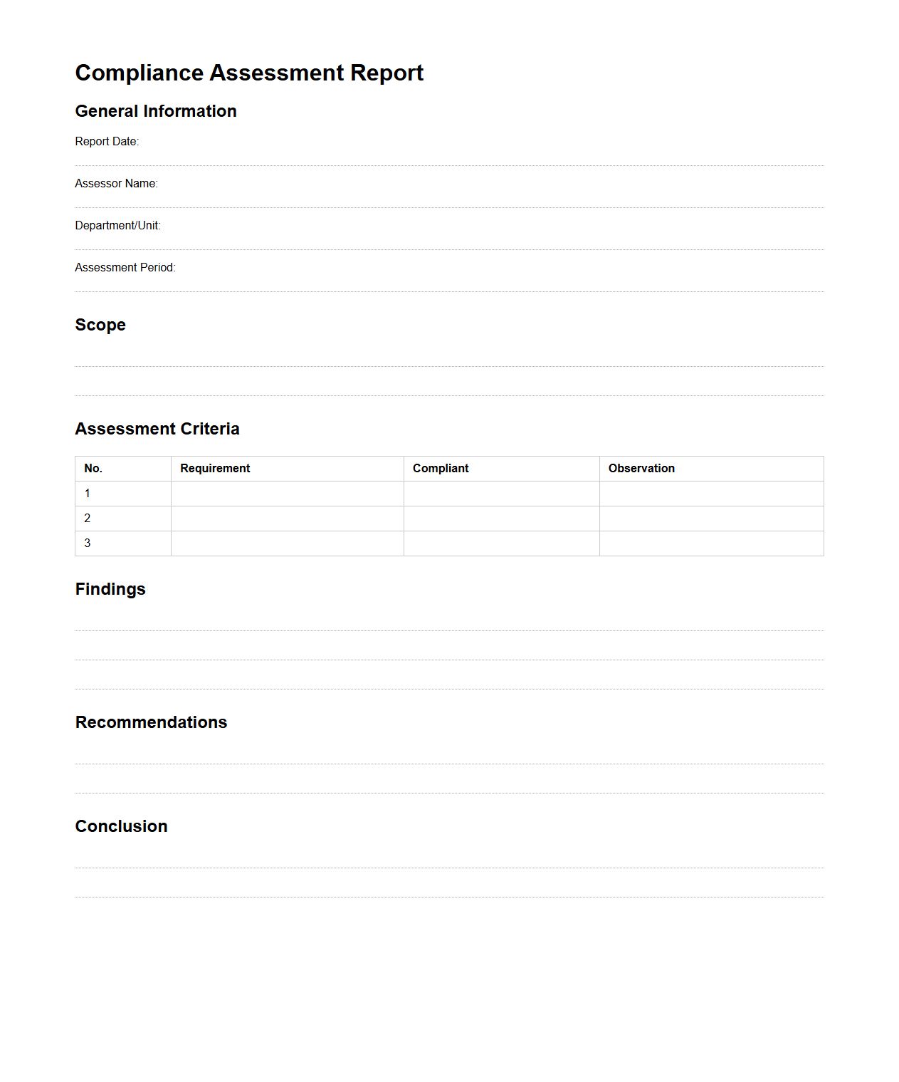 Compliance Assessment Blank Report Example