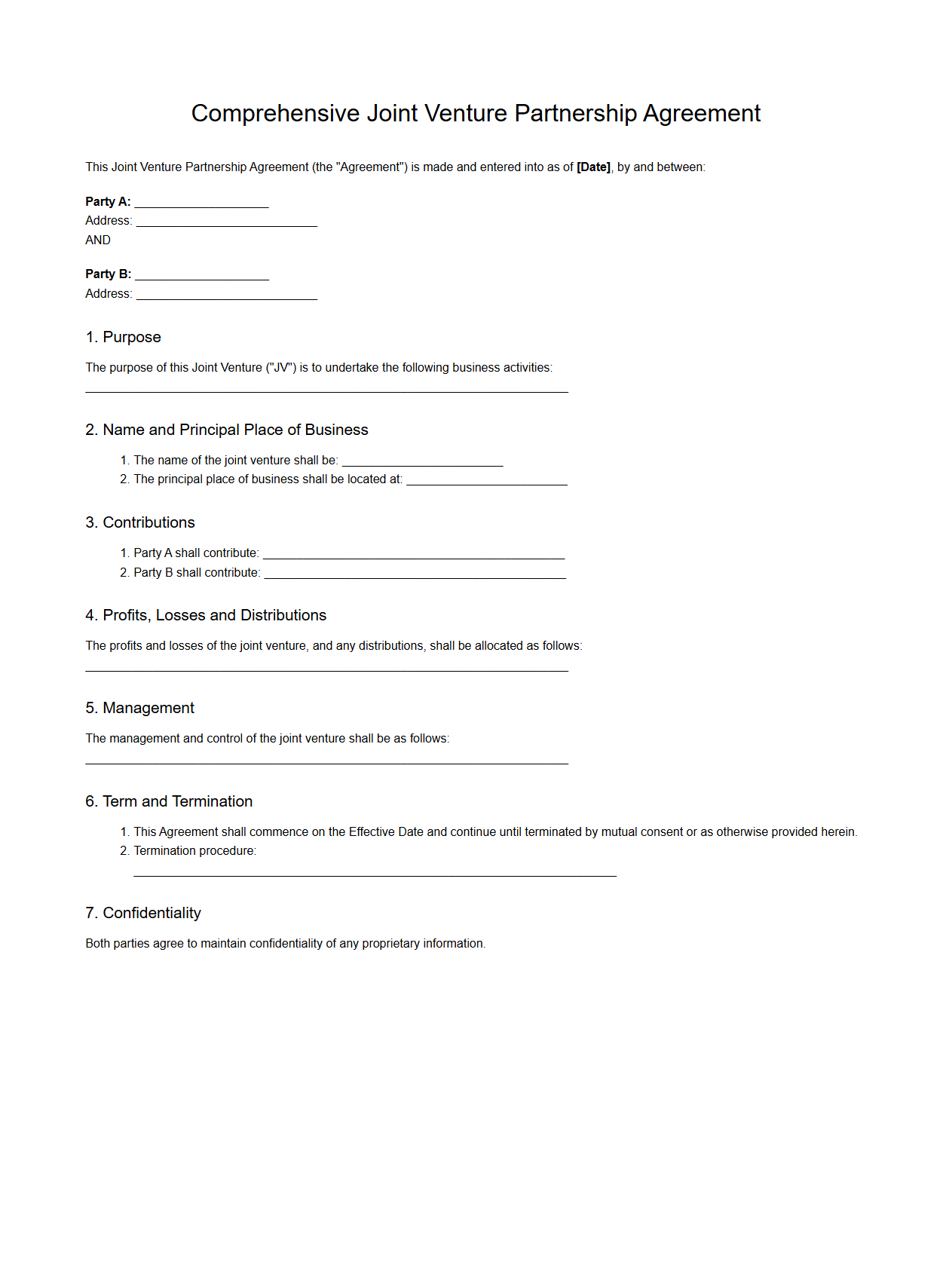Comprehensive Blank Joint Venture Partnership Agreement