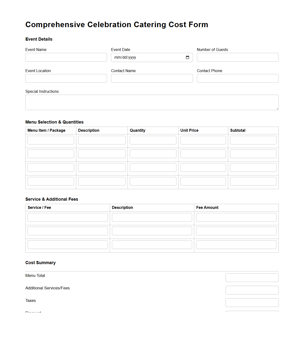 Comprehensive Celebration Catering Cost Form