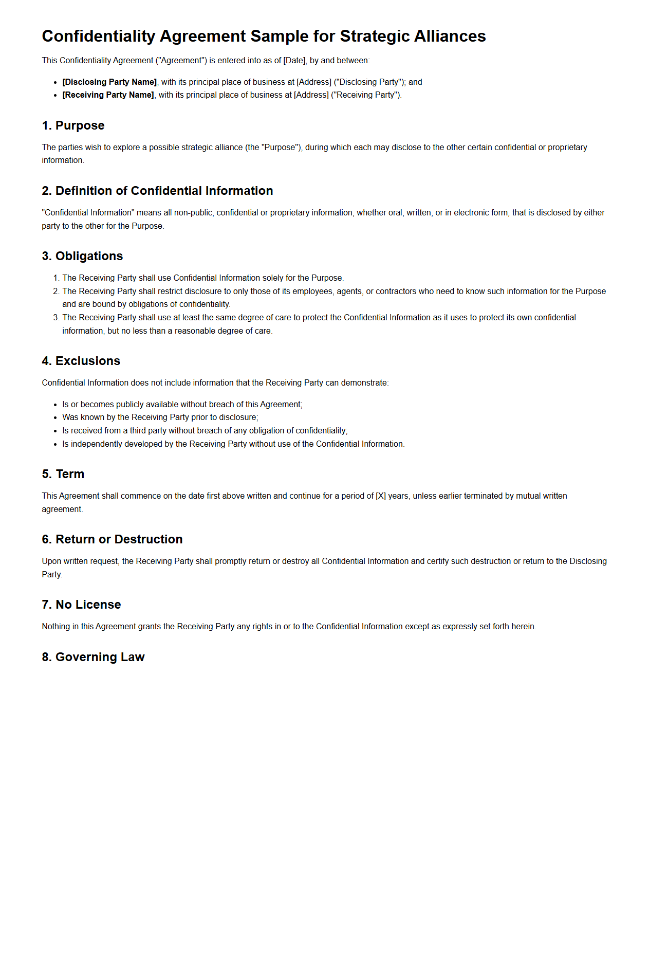Confidentiality Agreement Sample for Strategic Alliances