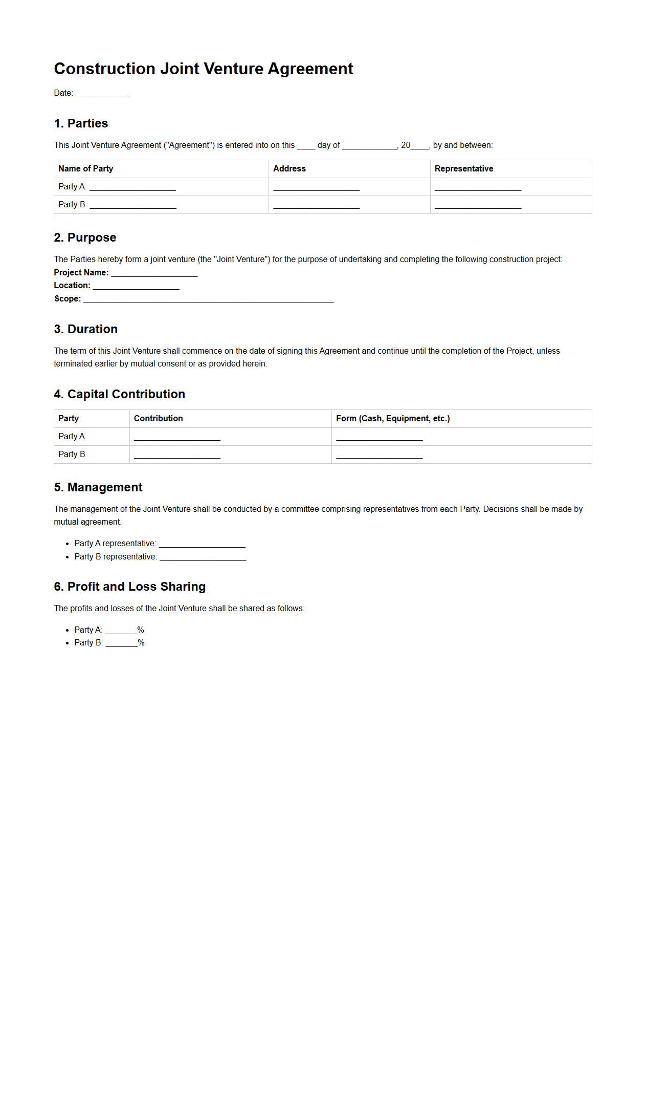 Construction Joint Venture Agreement Format