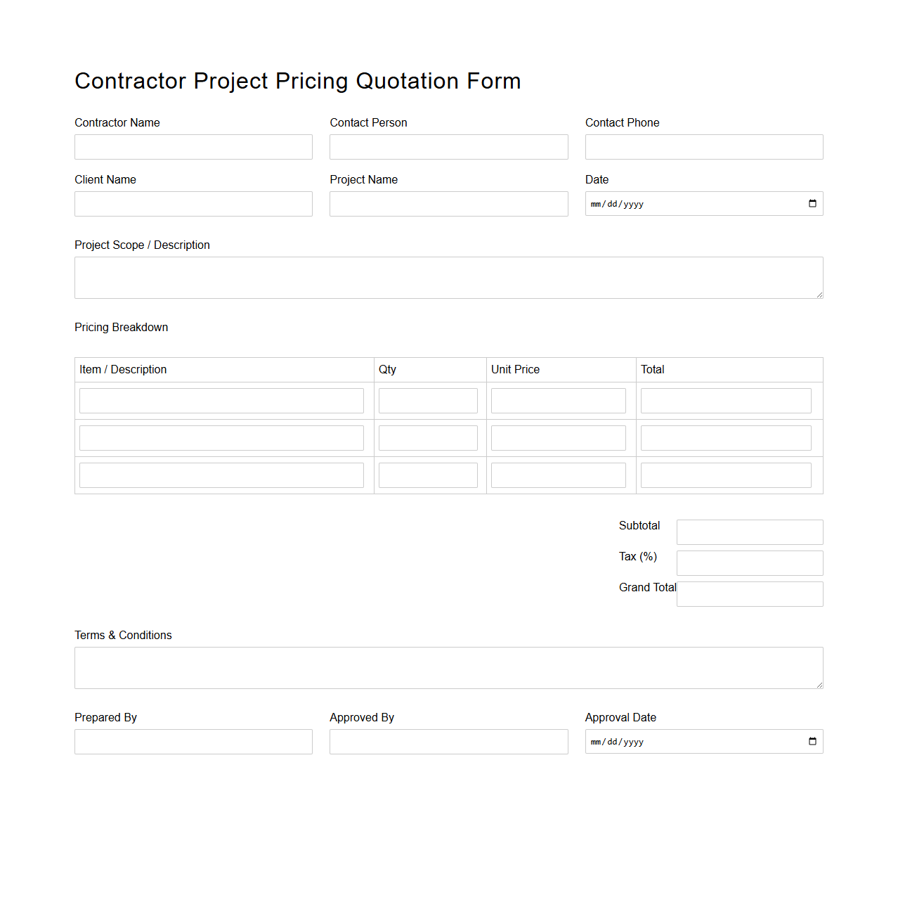 Contractor Project Pricing Quotation Form