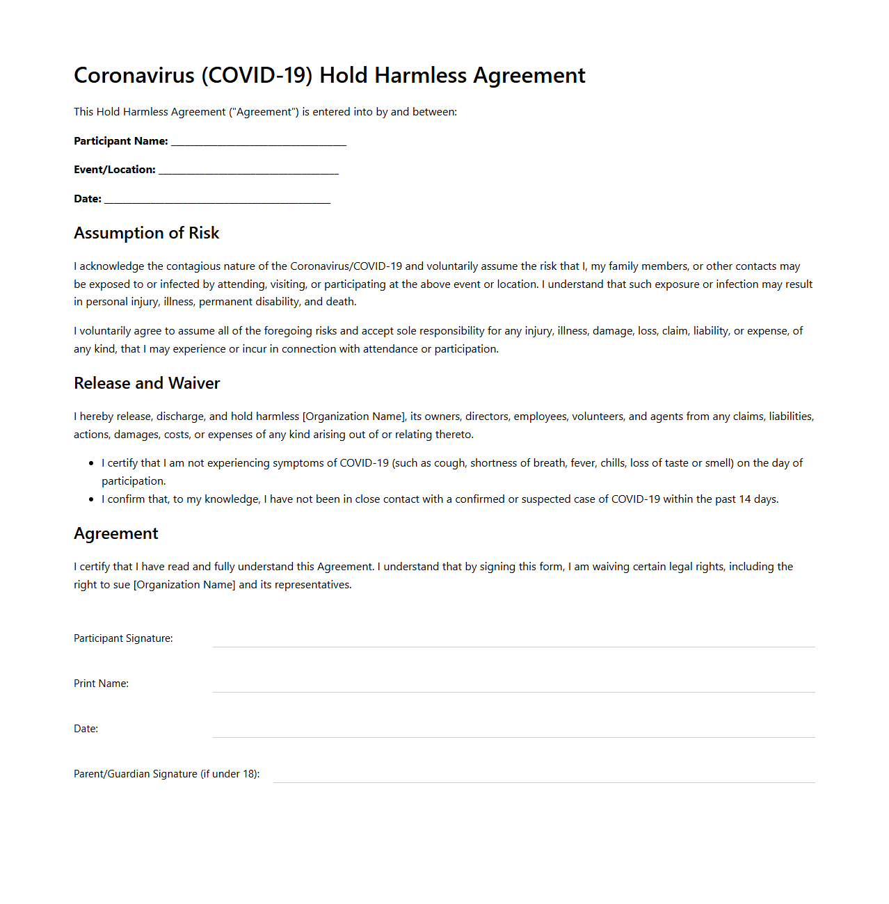 Coronavirus Hold Harmless Agreement Template