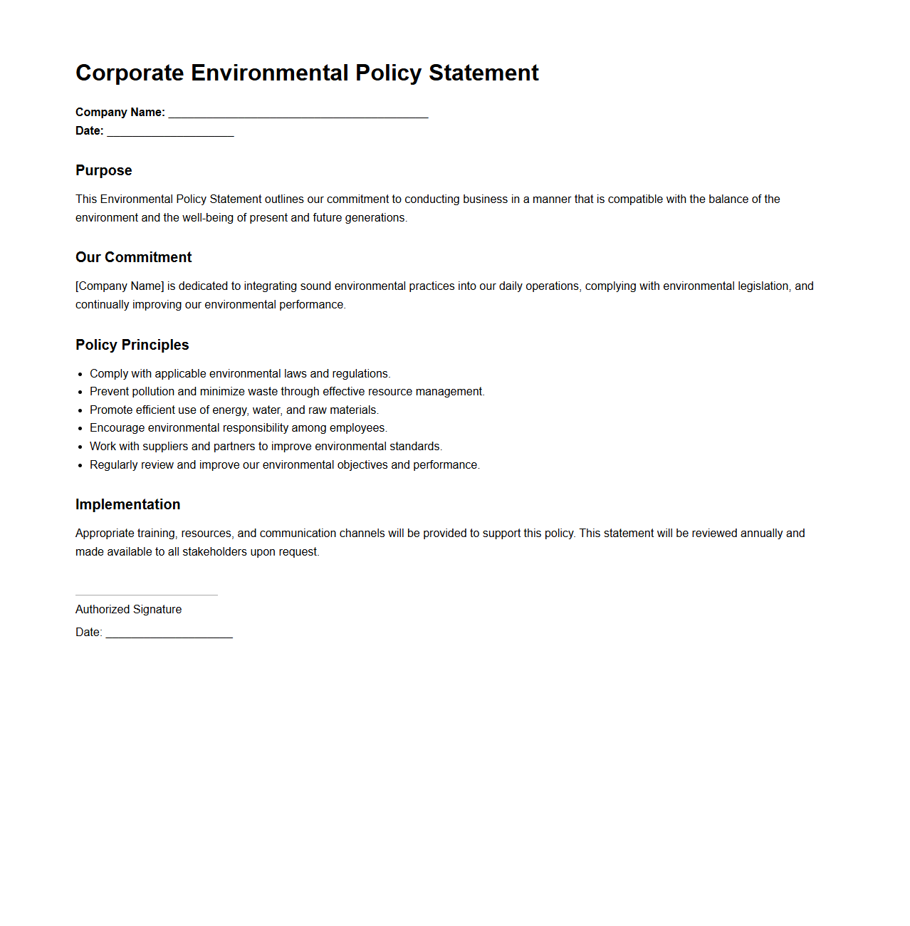 Corporate Environmental Policy Statement Template