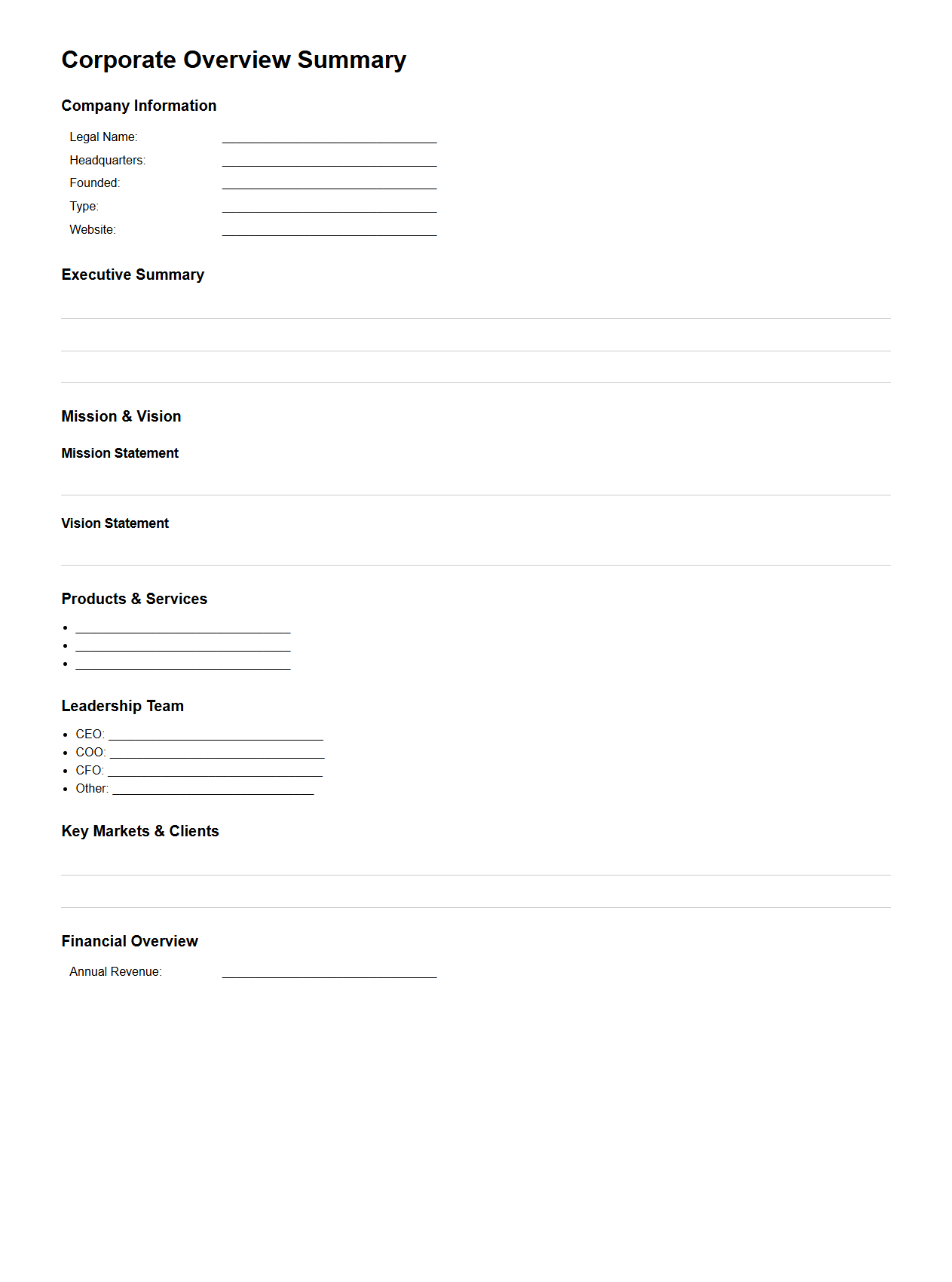 Corporate Overview Summary Template