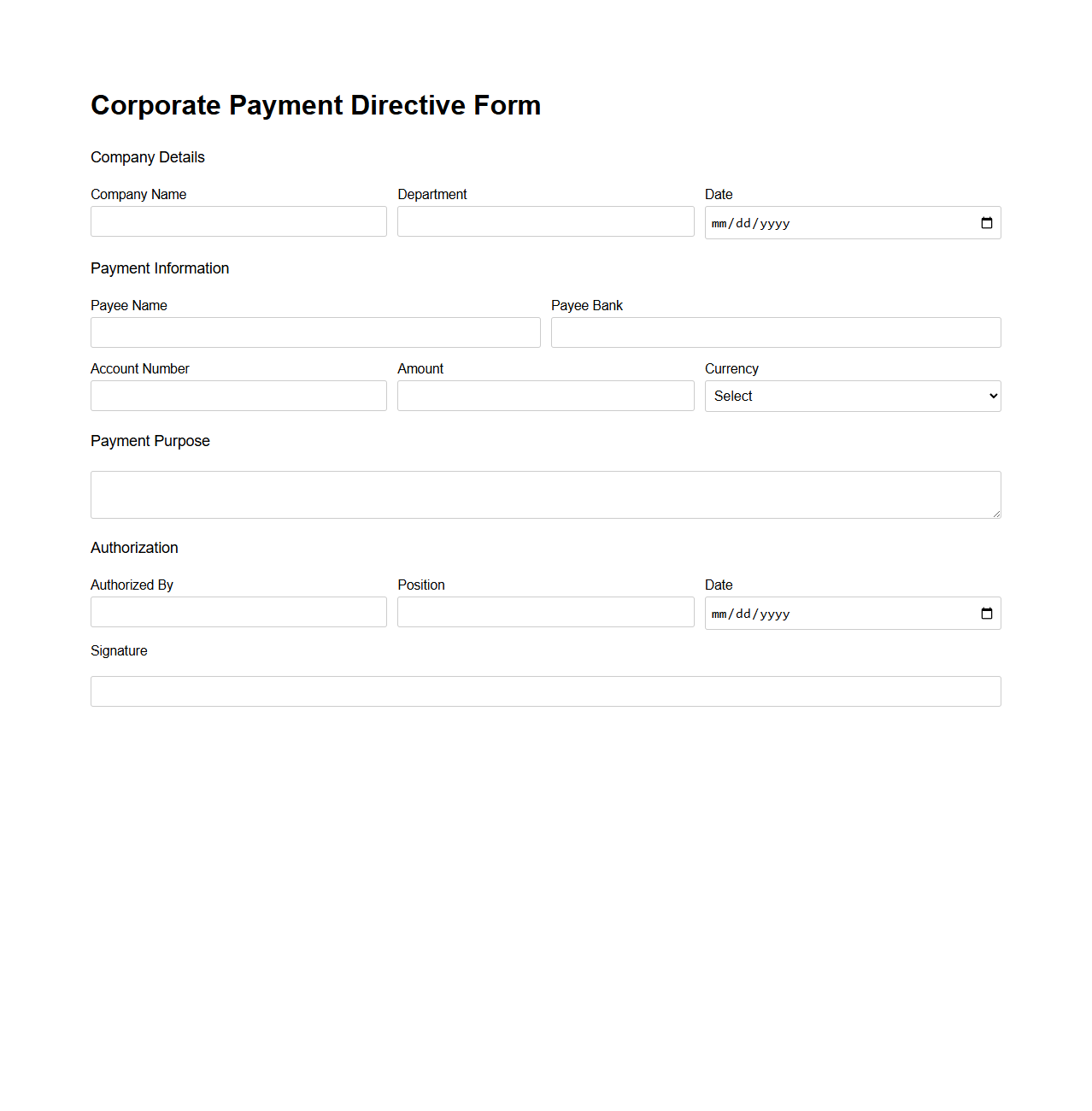 Corporate Payment Directive Form Template