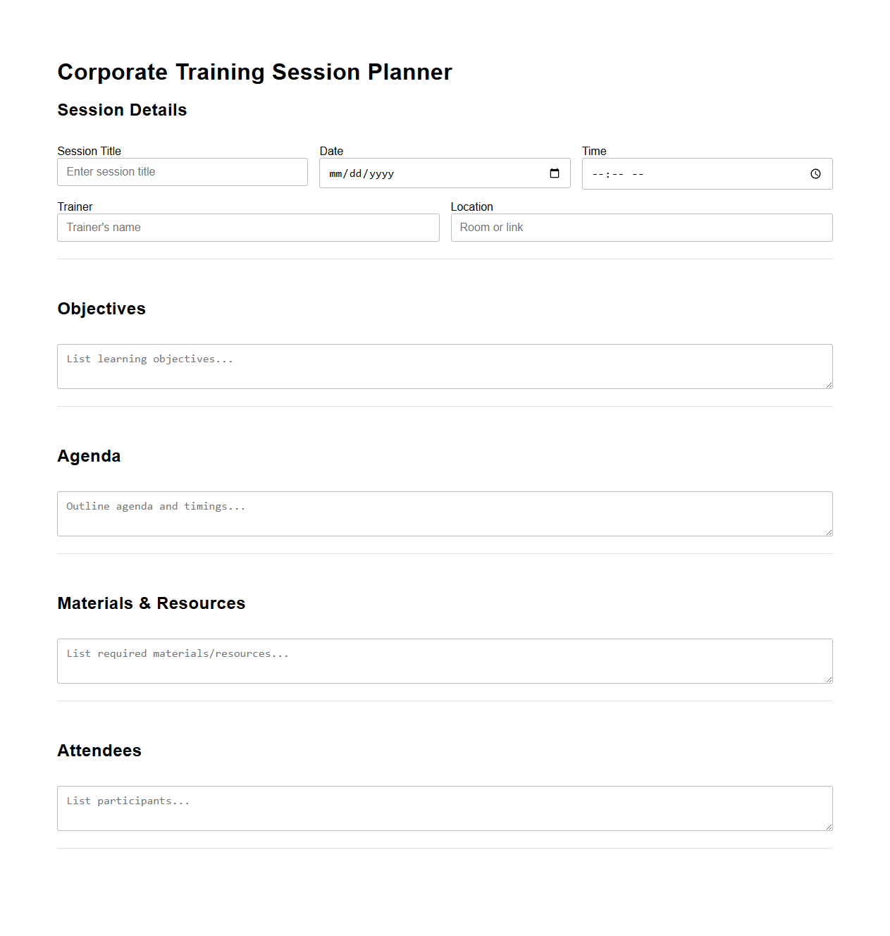 Corporate Training Session Planner