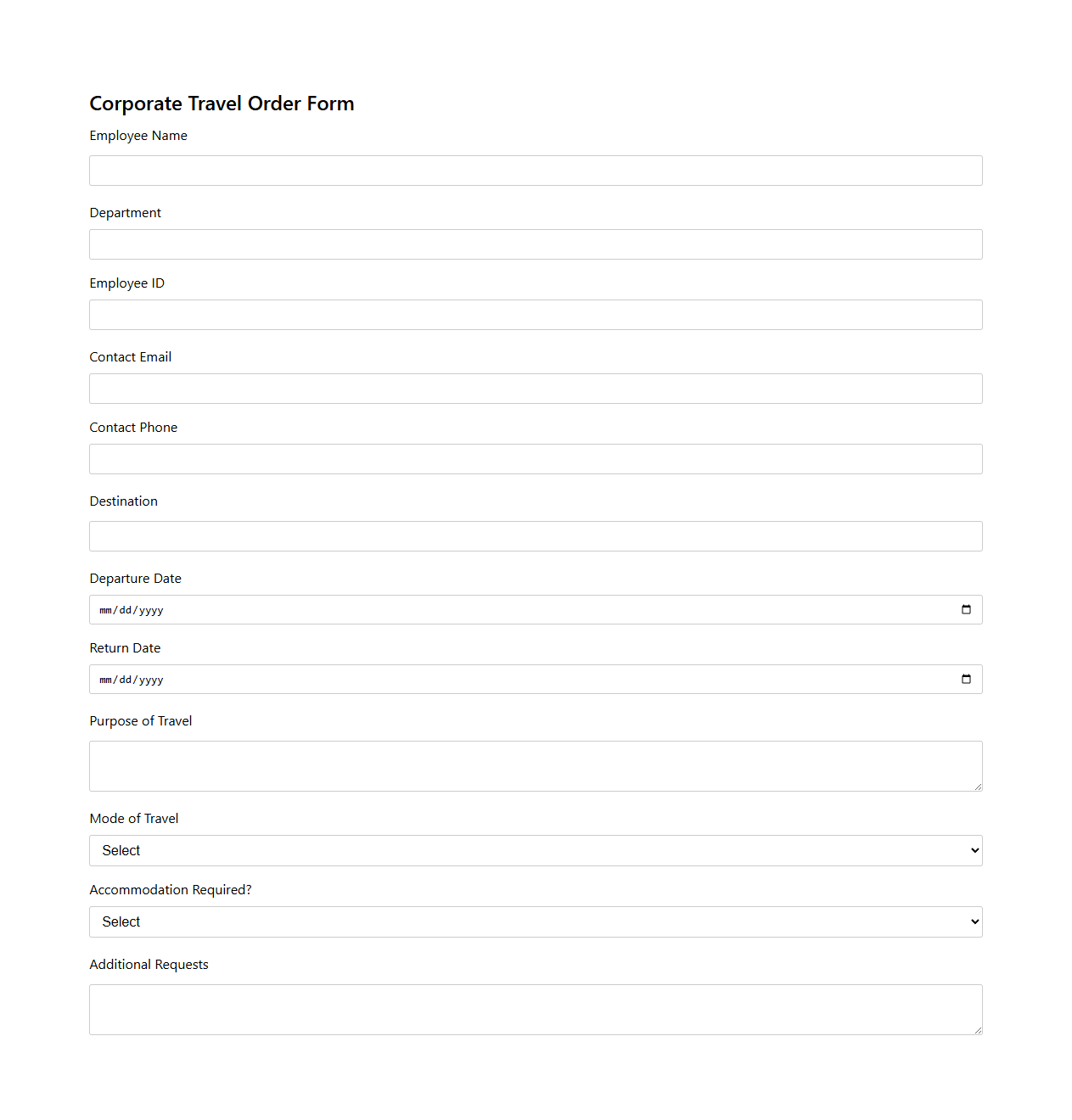 Corporate Travel Order Form