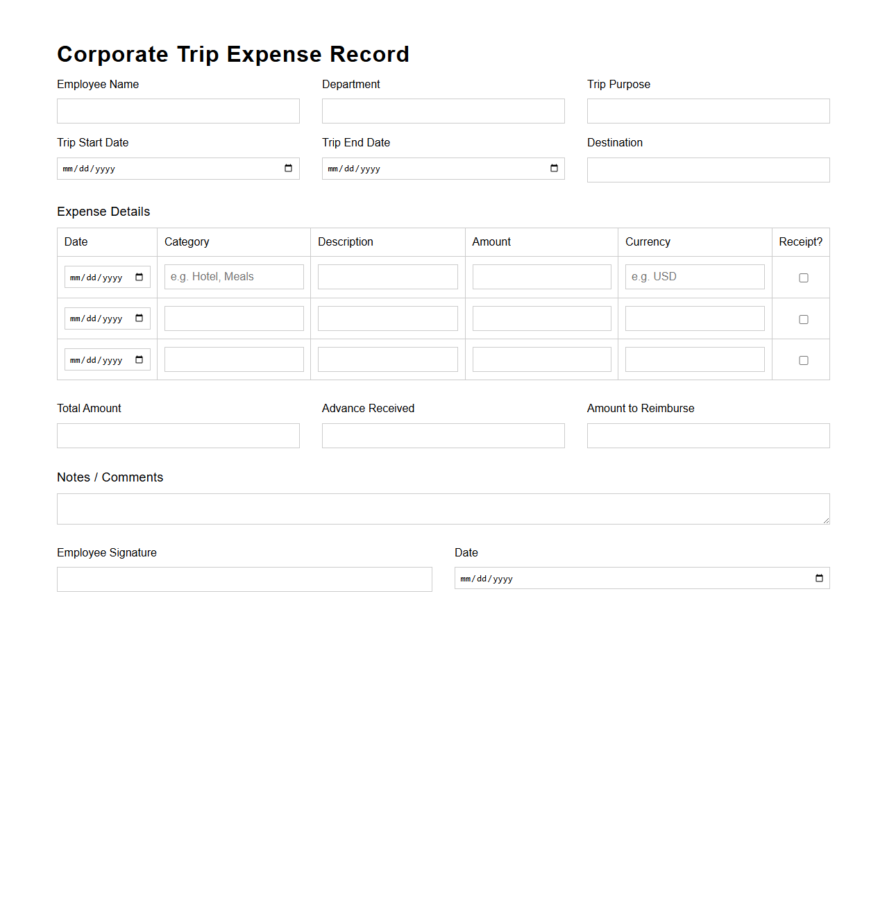 Corporate Trip Expense Record Template