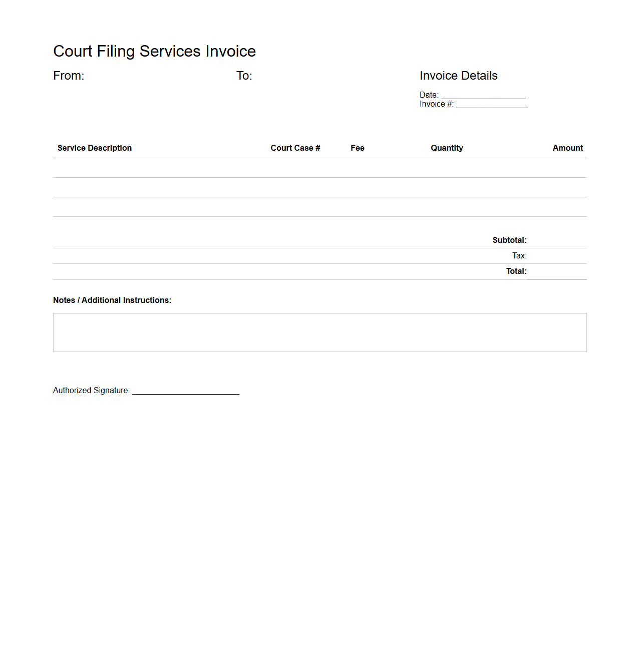 Court Filing Services Invoice Blank Document