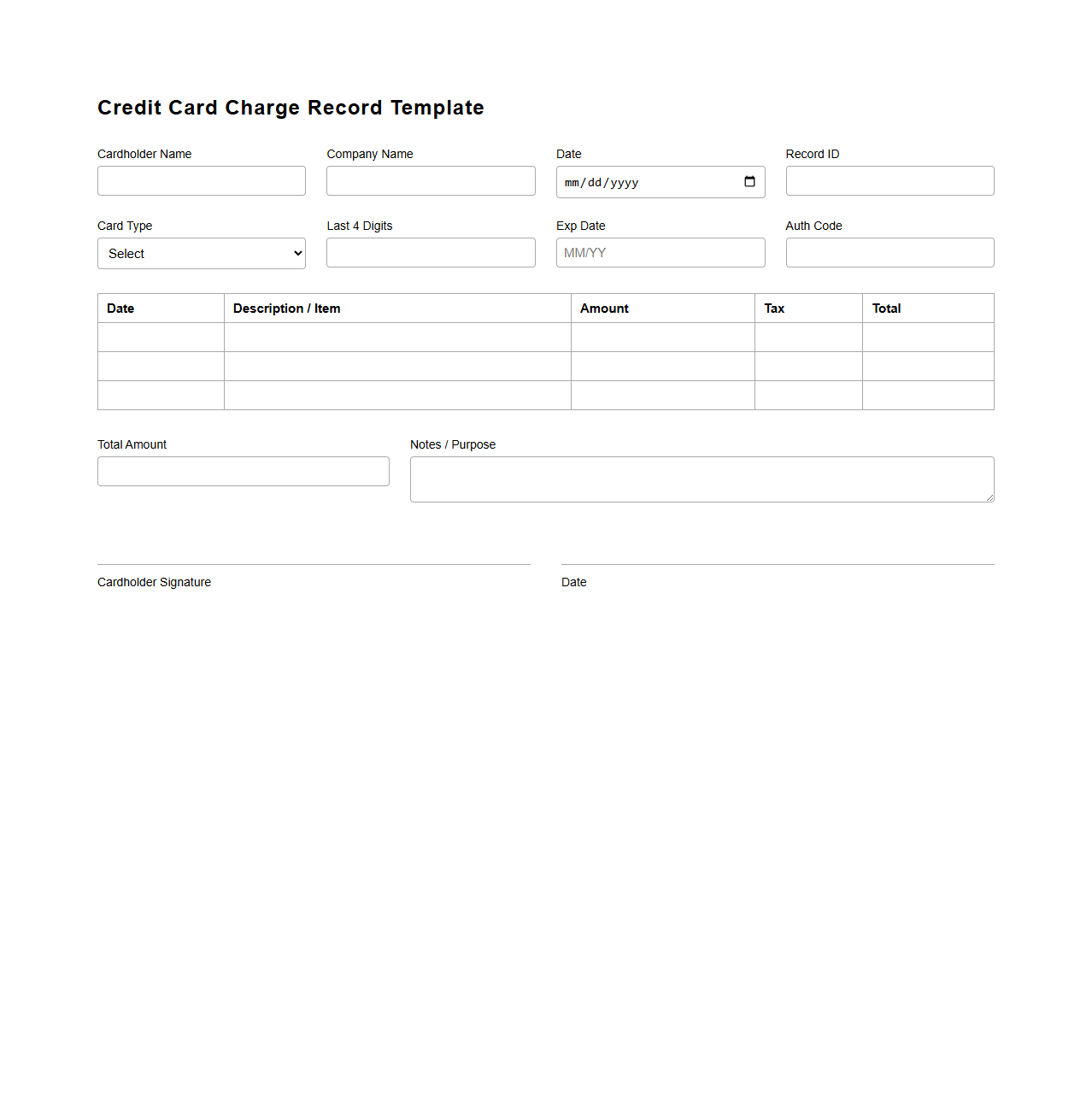 Credit Card Charge Record Template