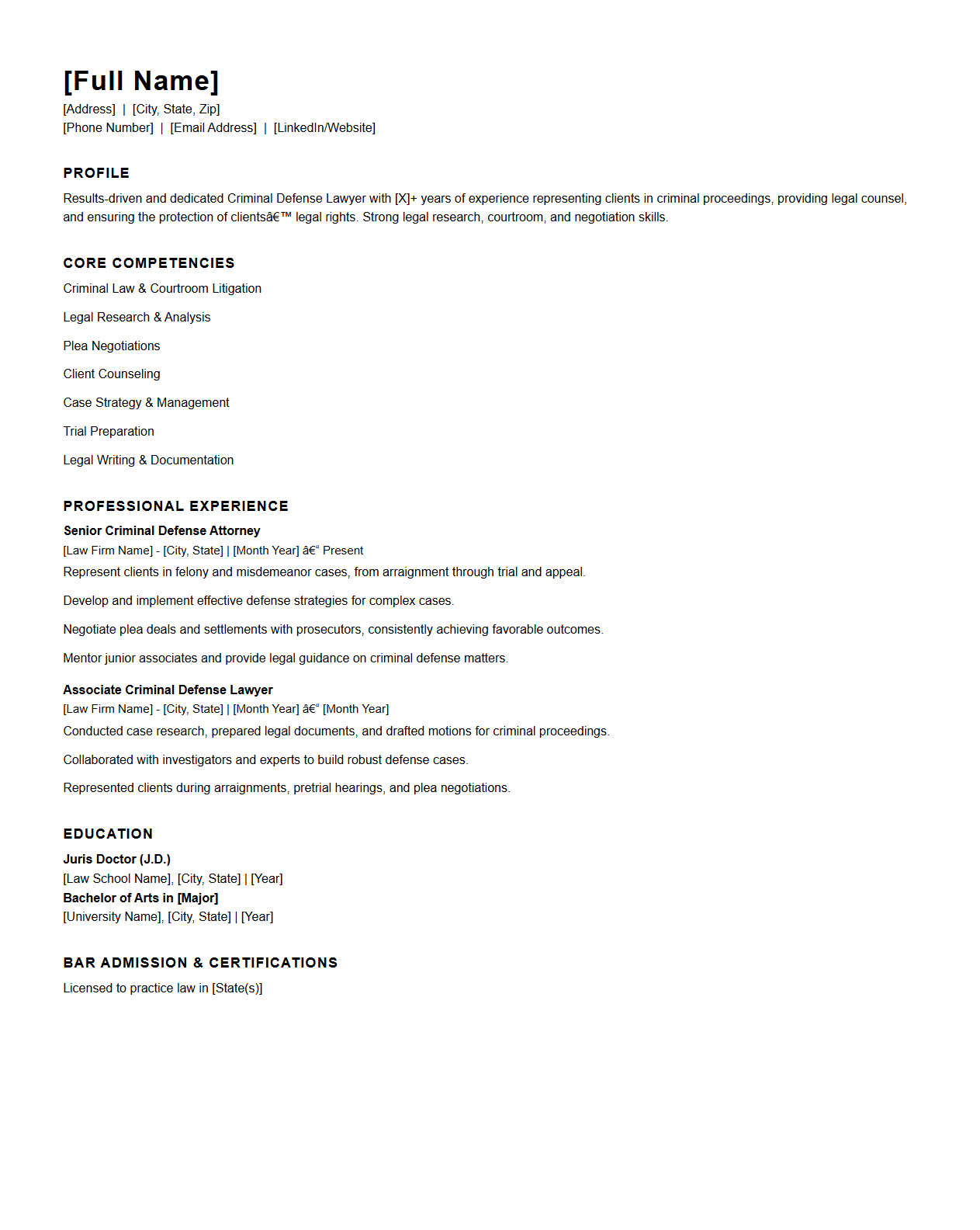Criminal Defense Lawyer Resume Template for Legal Careers