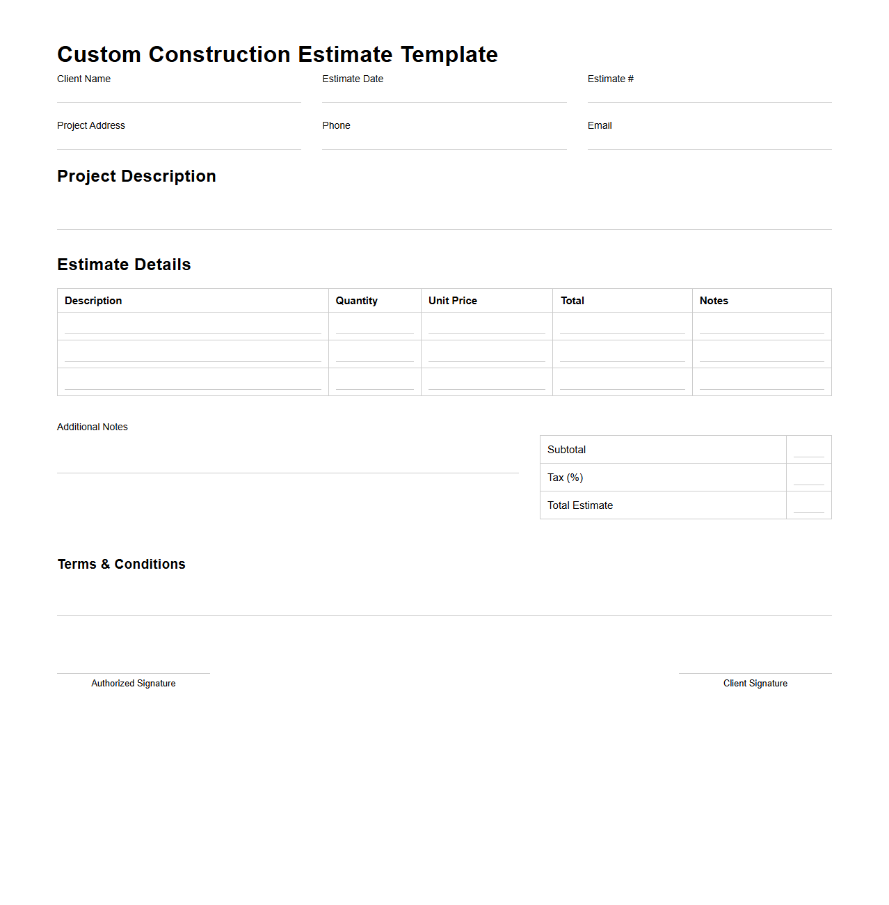 Custom Construction Estimate Template