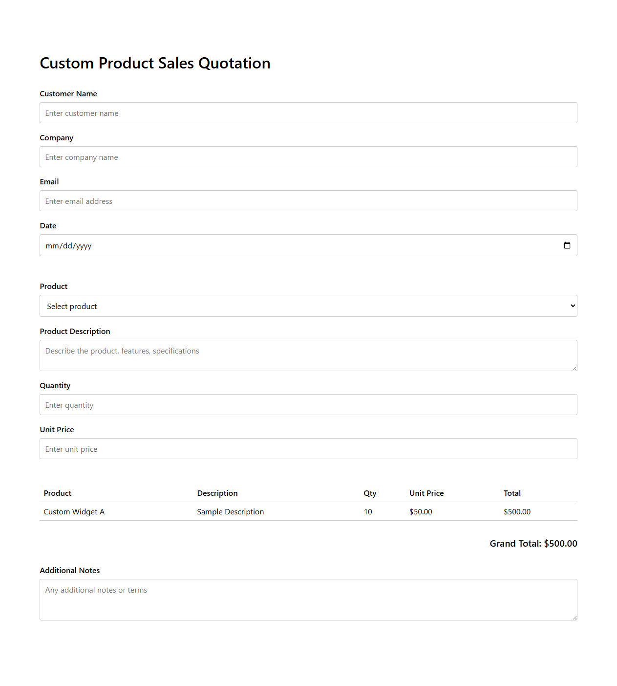 Custom Product Sales Quotation Page