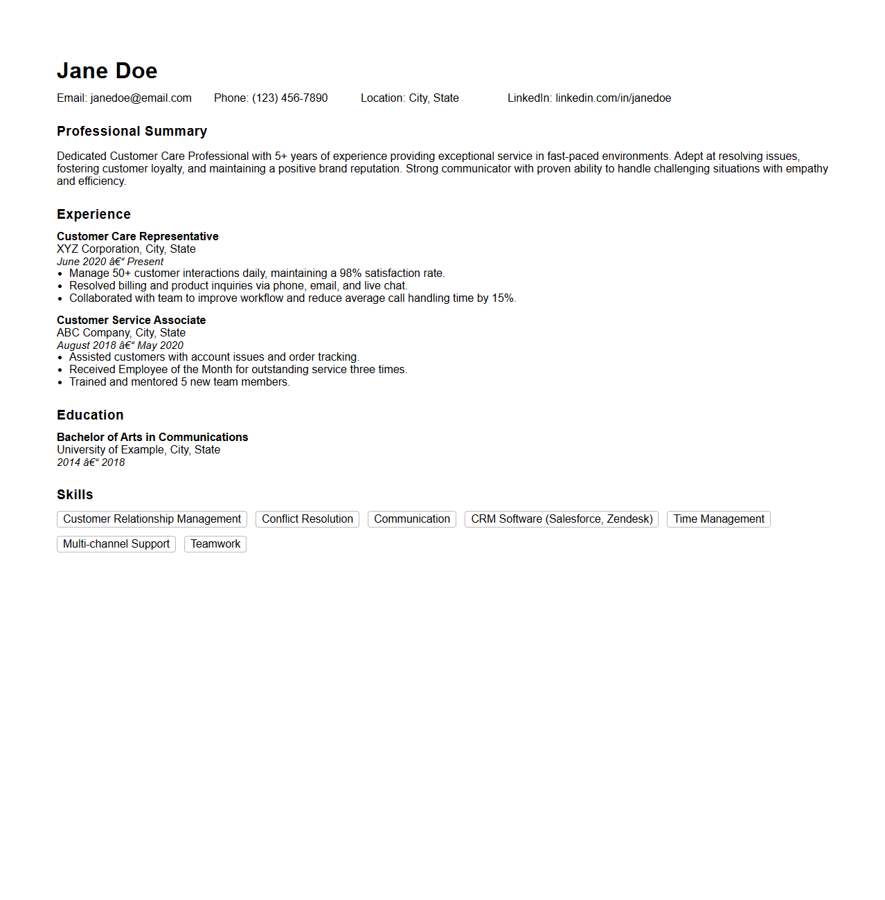 Customer Care Professional Resume Sample