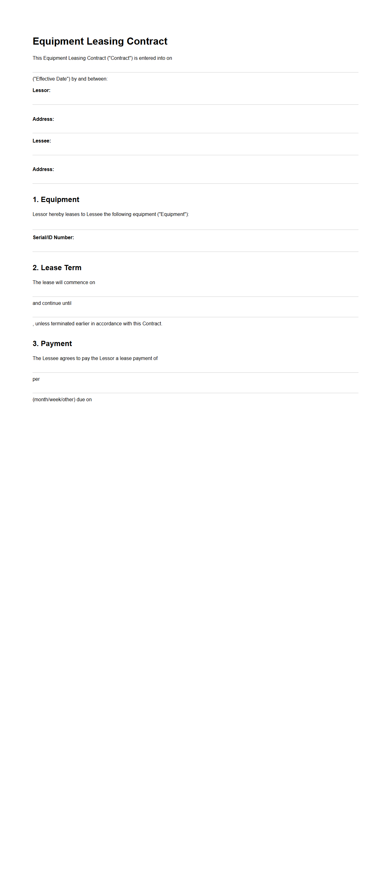 Customizable Equipment Leasing Contract