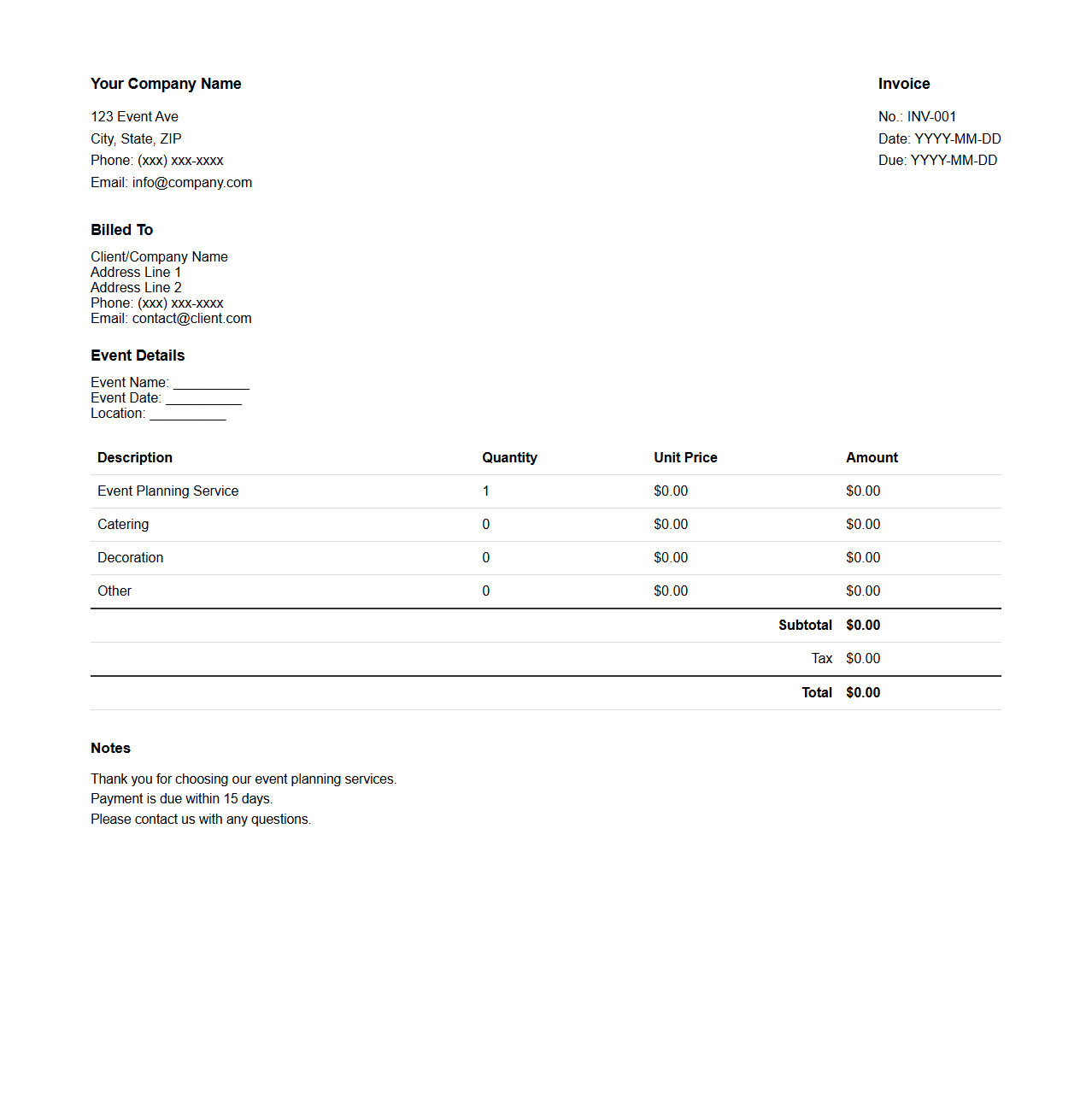 Customizable Event Planning Invoice Template