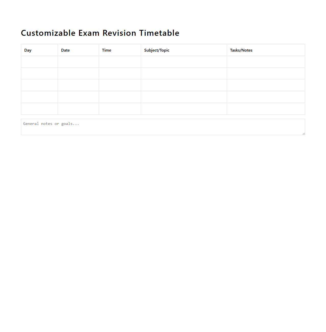 Customizable Exam Revision Timetable