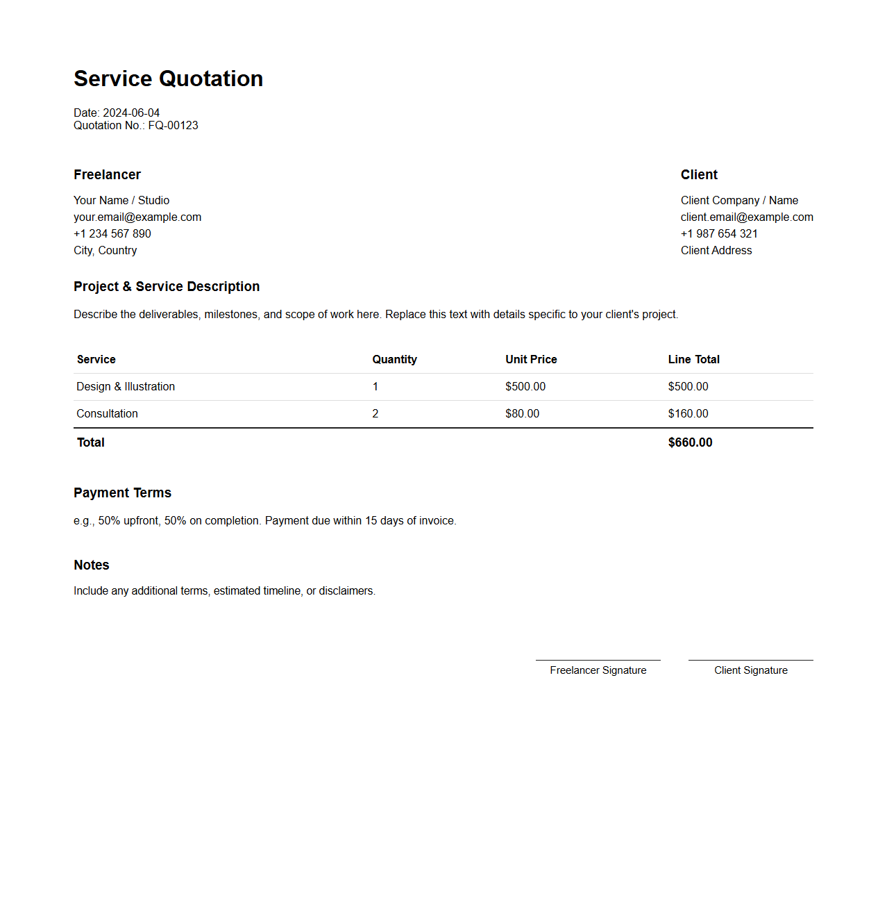 Customizable Freelancer Service Quotation Layout