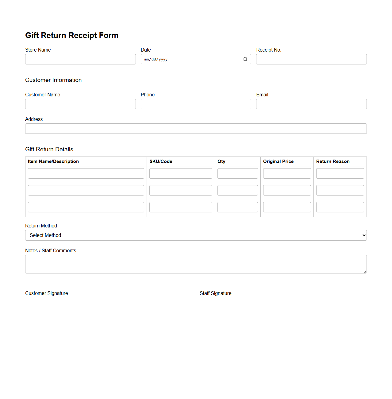 Customizable Gift Return Receipt Form for Retail Stores