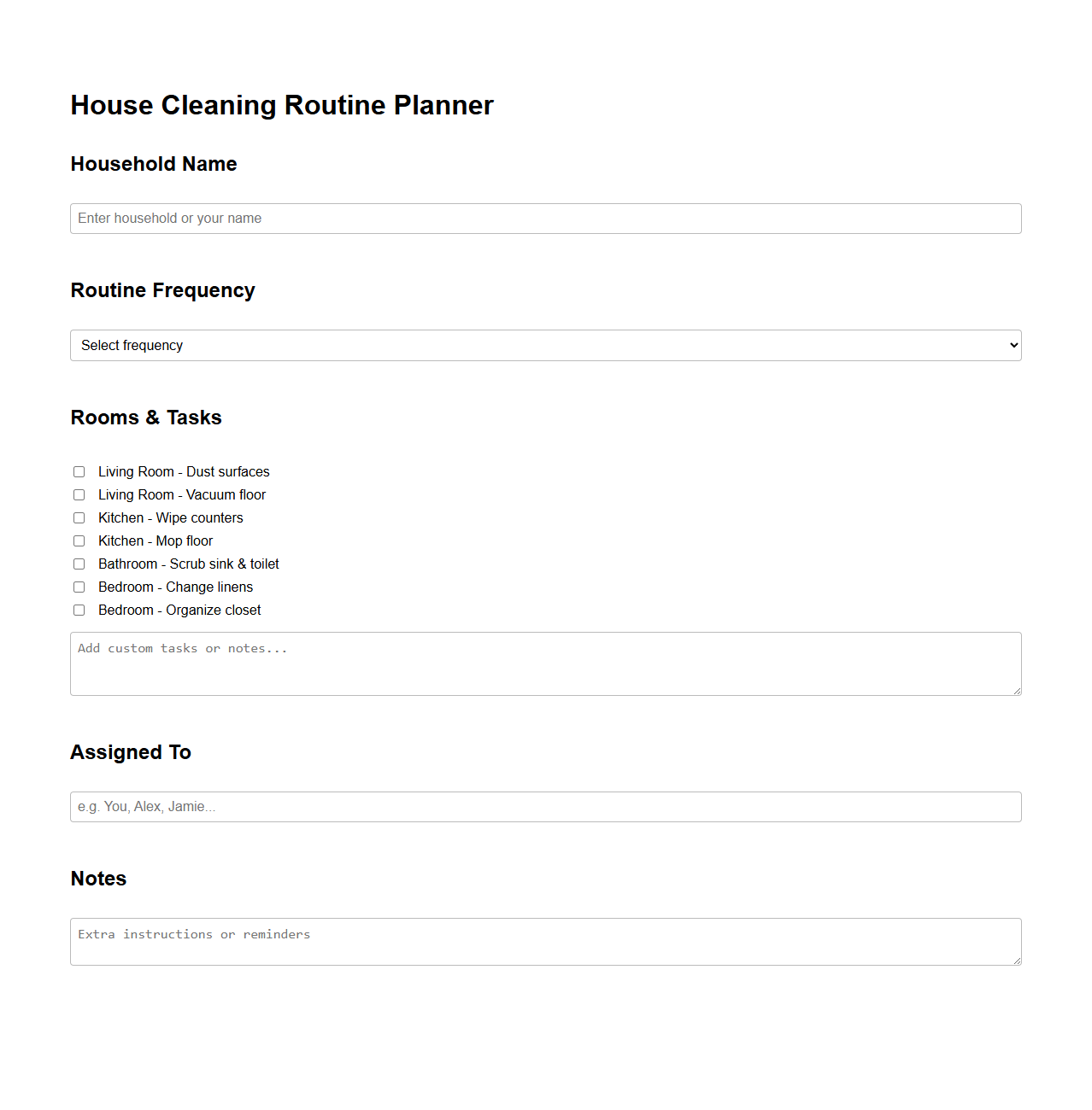 Customizable House Cleaning Routine Planner