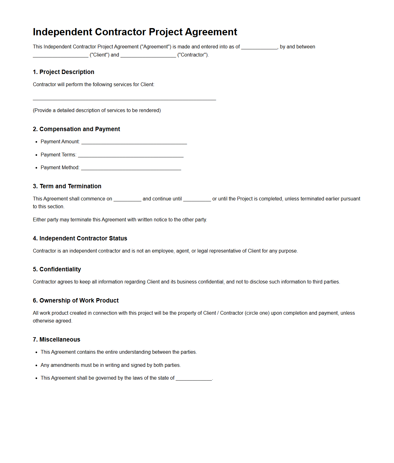 Customizable Independent Contractor Project Agreement