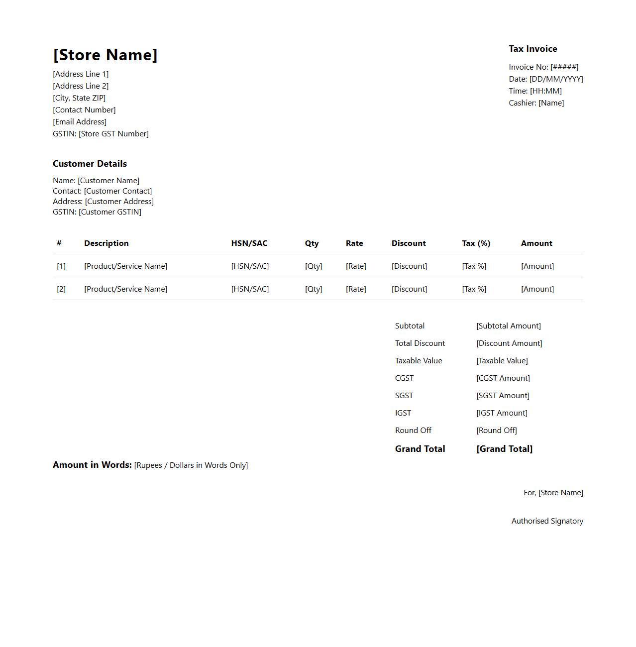 Customizable Retail Store Tax Invoice Design