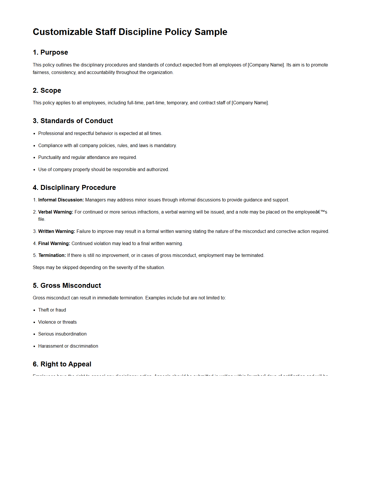 Customizable Staff Discipline Policy Sample