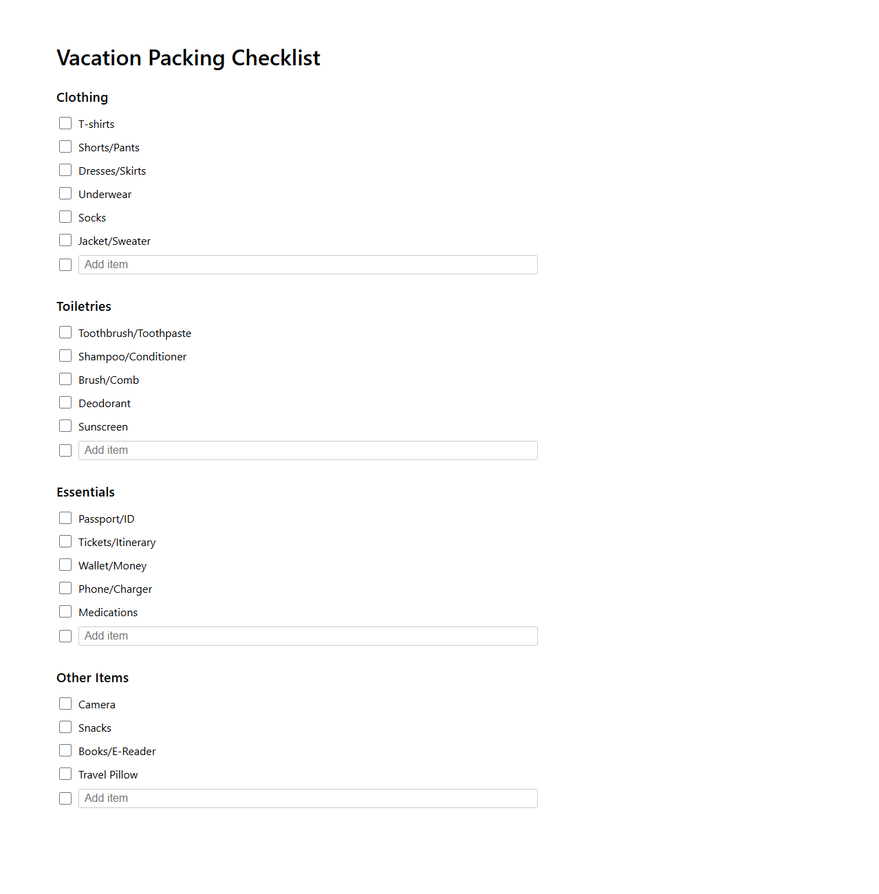 Customizable Vacation Packing Checklist