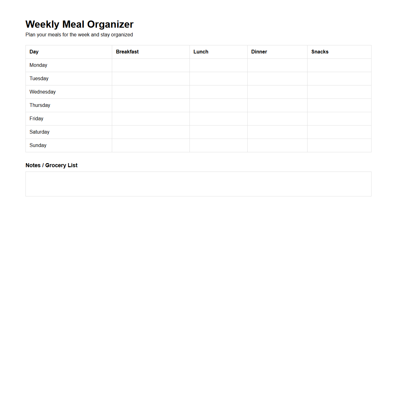 Customizable Weekly Meal Organizer Sheet