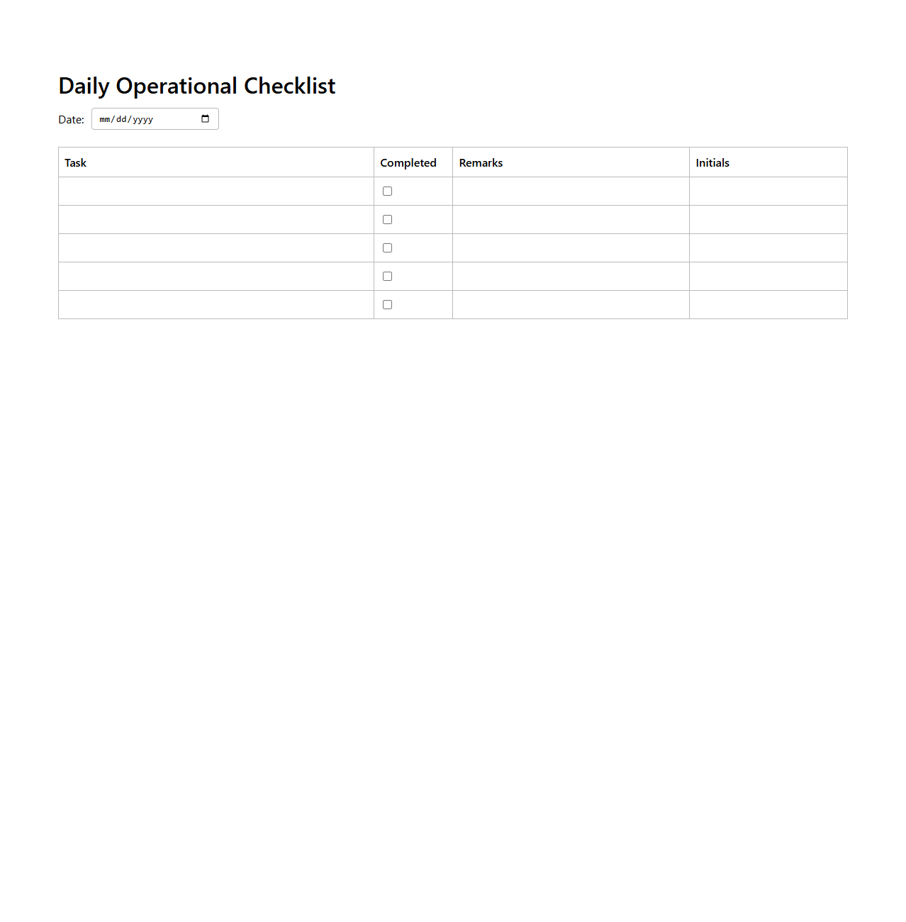 Daily Operational Checklist Template
