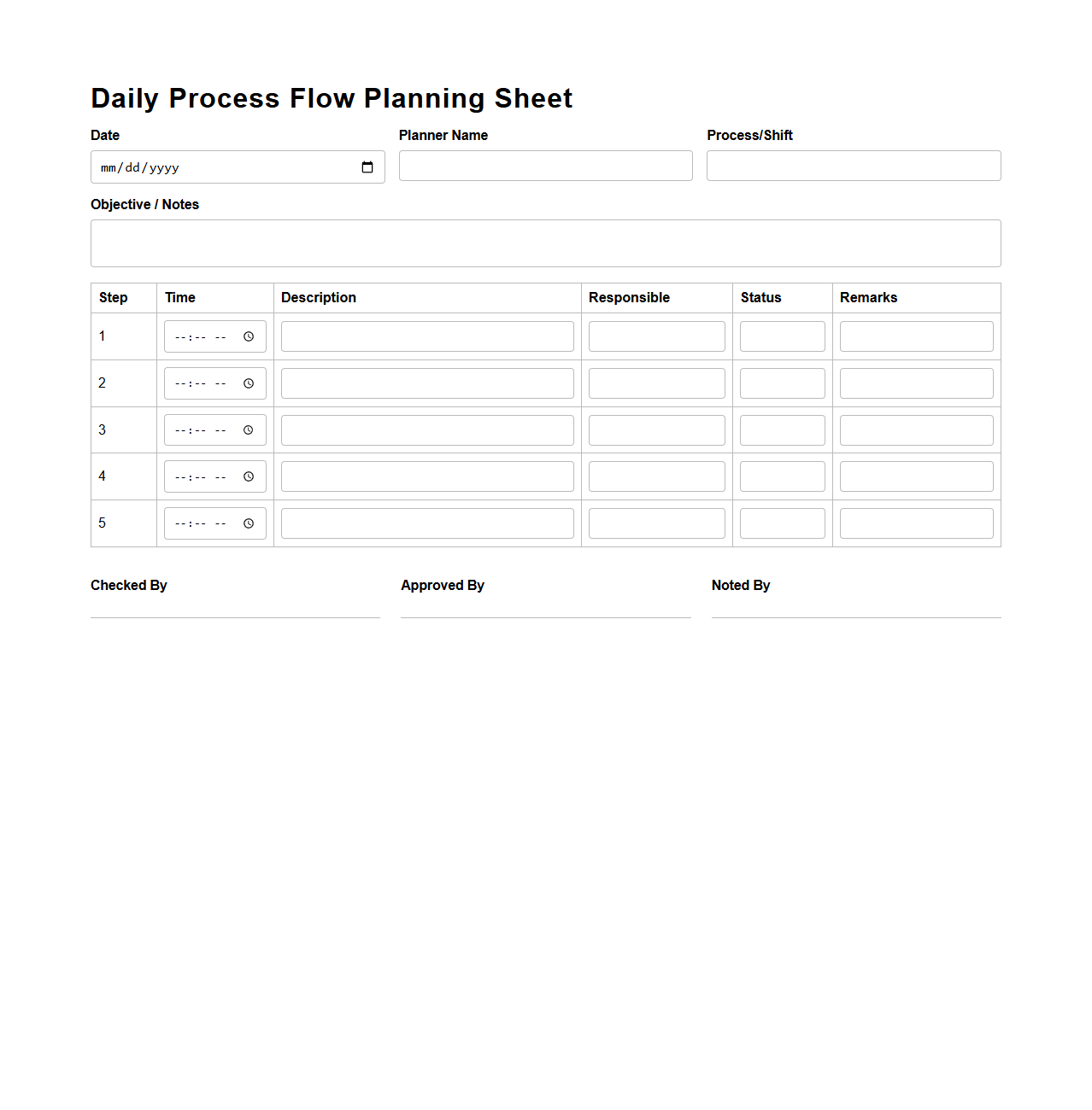 Daily Process Flow Planning Sheet