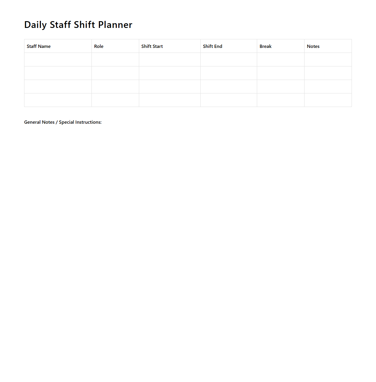 Daily Staff Shift Planner Template