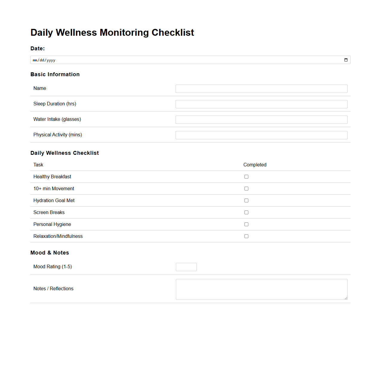 Daily Wellness Monitoring Checklist Template