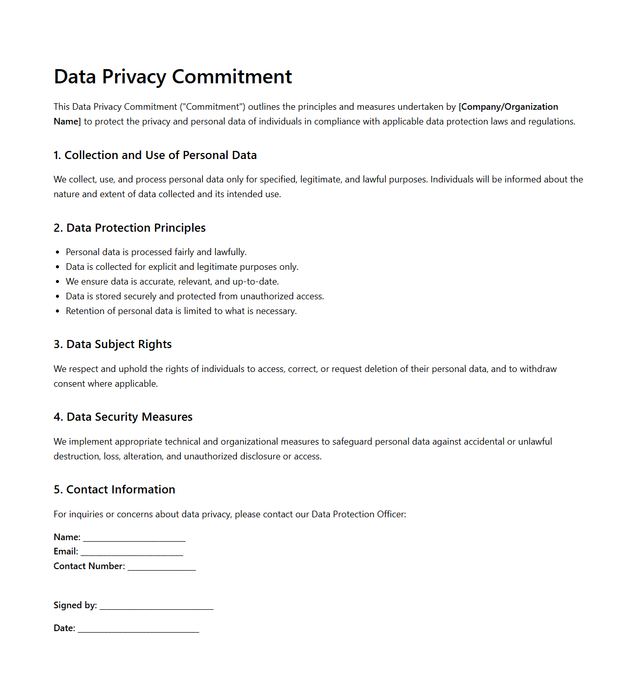Data Privacy Commitment Template