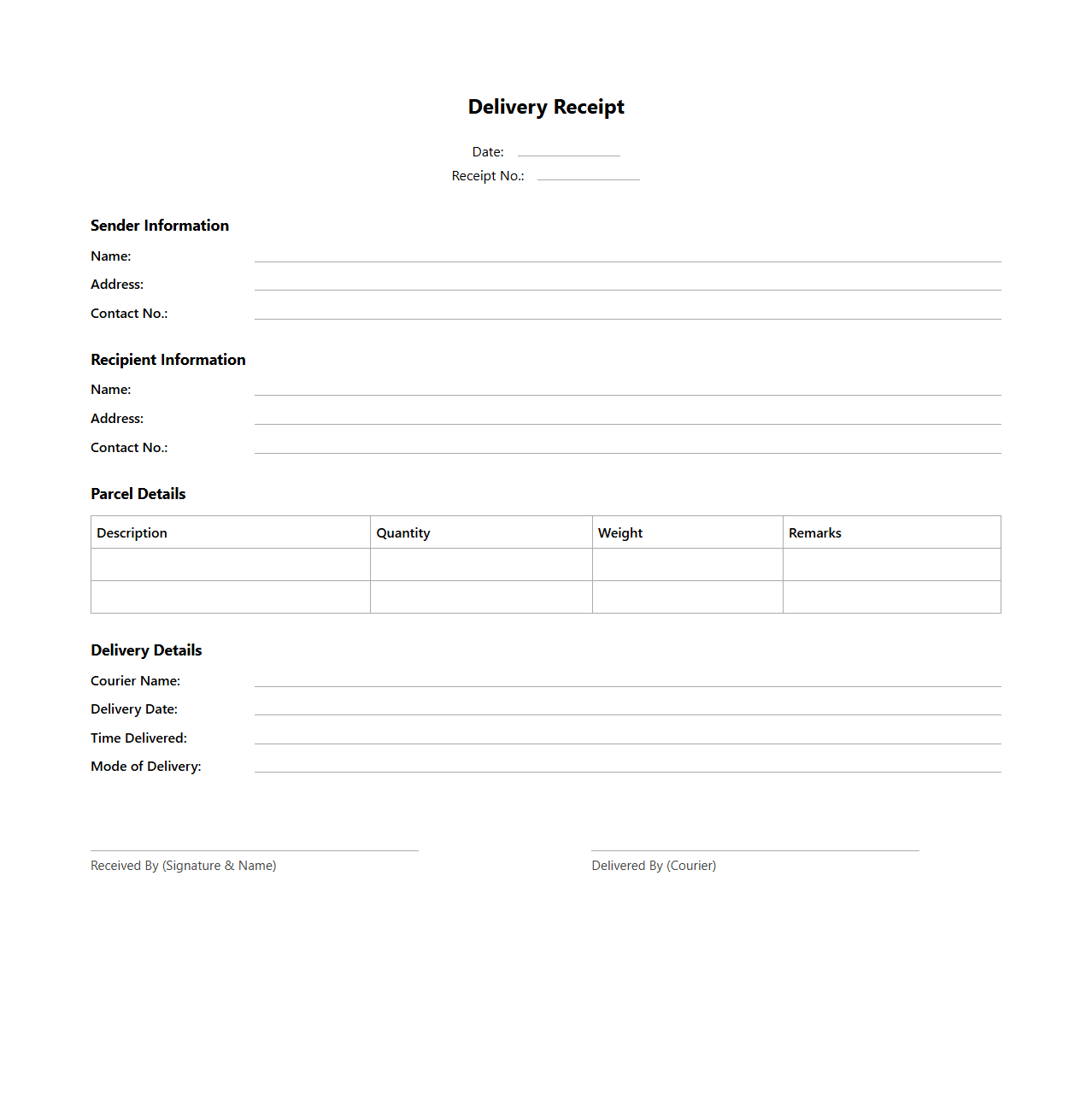 Delivery Receipt Template for Courier Services