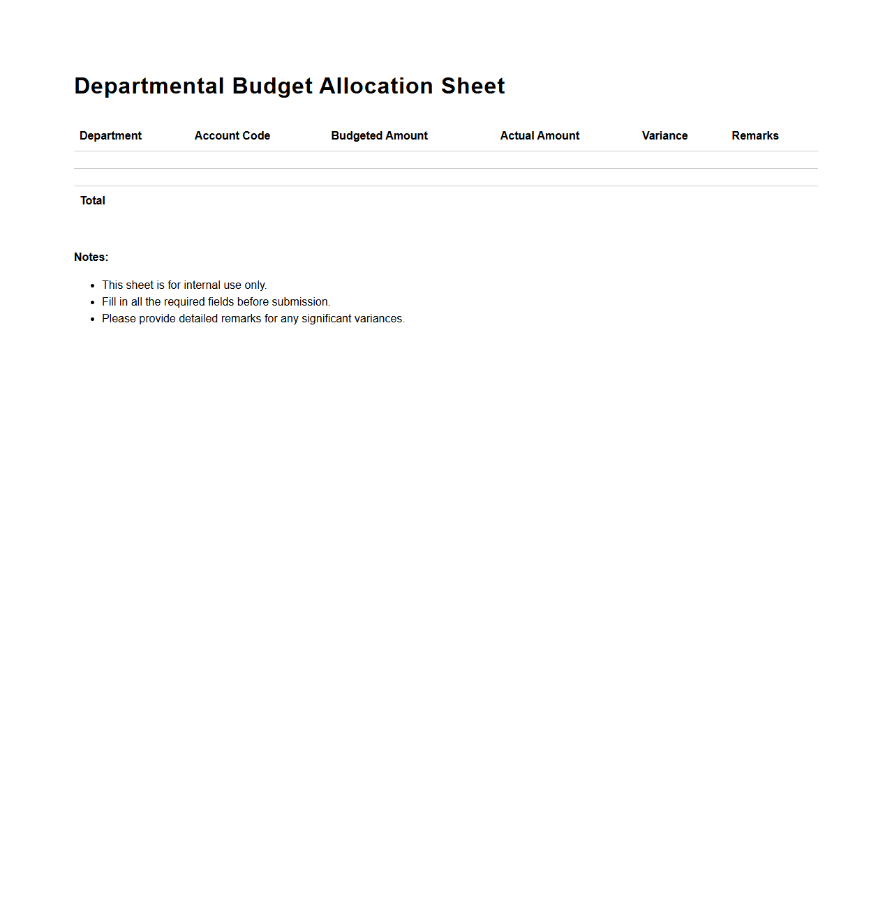 Departmental Budget Allocation Sheet