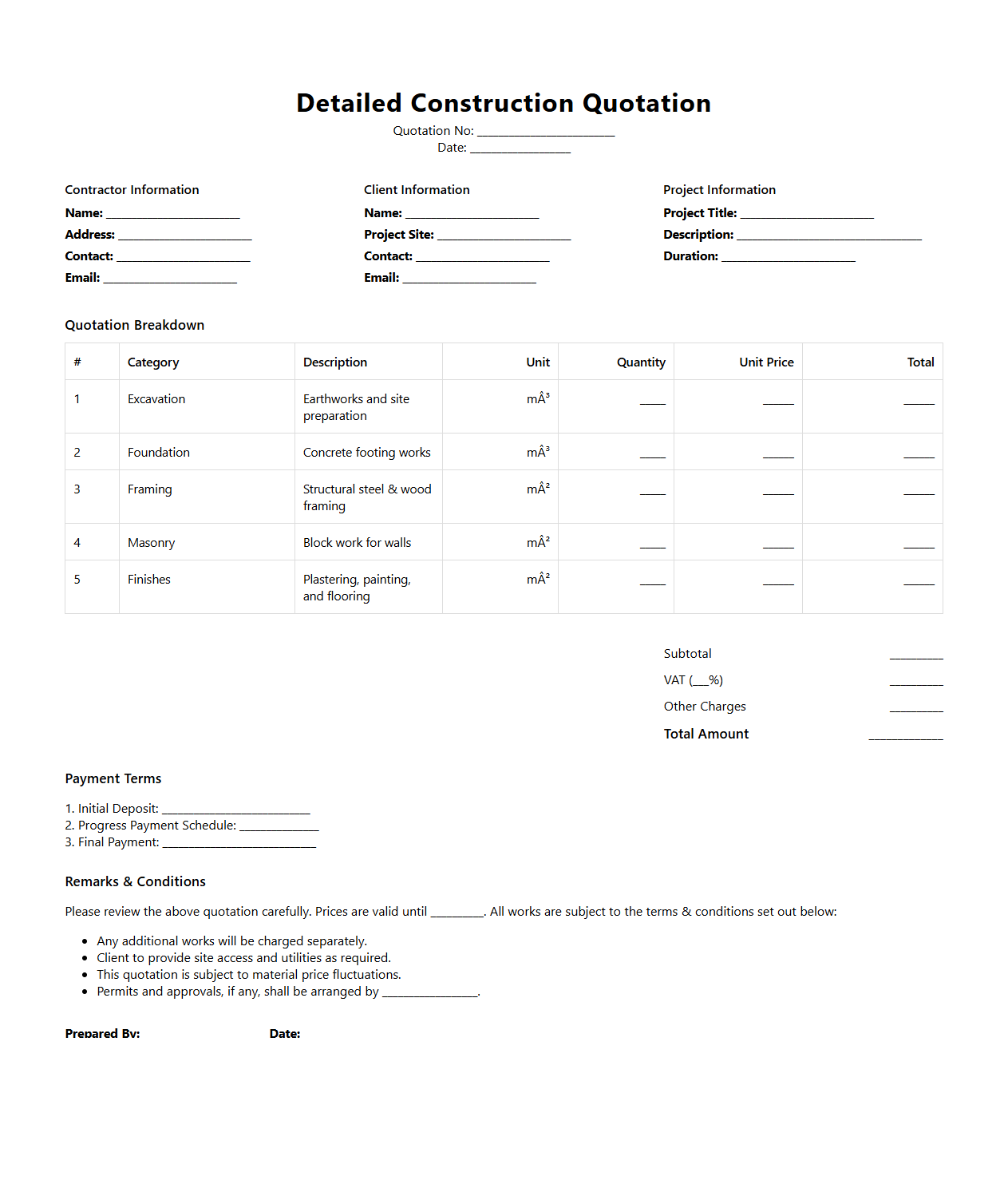 Detailed Construction Quotation Layout